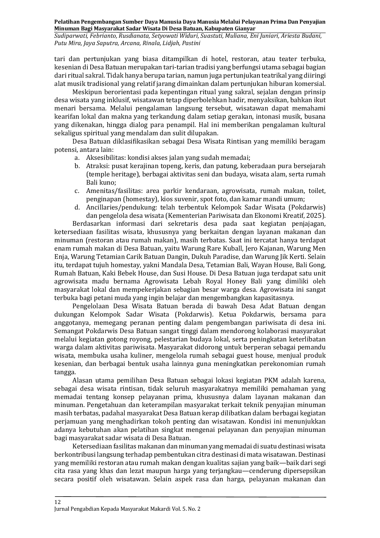 JURIS Pelatihan Pengembangan Sumber Daya Manusia Melalui Pelayanan Prima Dan Penyajian Minuman Bagi Masyarakat Sadar Wisata Di Desa Batuan Kabupaten Gianyar