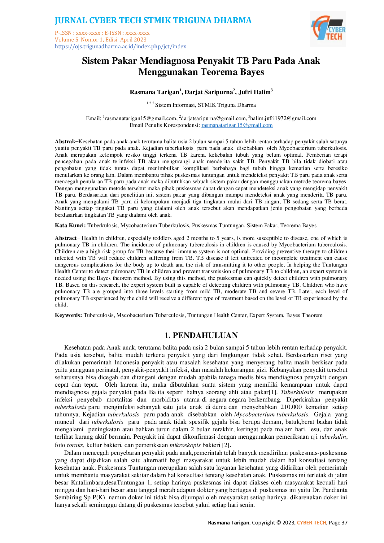 JURIS Sistem Pakar Mendiagnosa Penyakit TB Paru Pada Anak Menggunakan Teorema Bayes