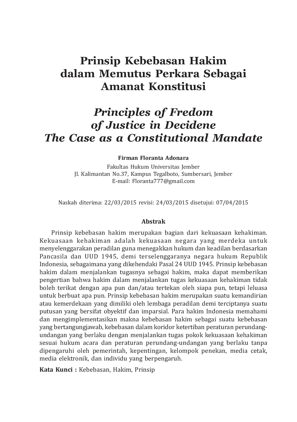 JURIS Prinsip Kebebasan Hakim dalam Memutus Perkara Sebagai Amanat Konstitusi