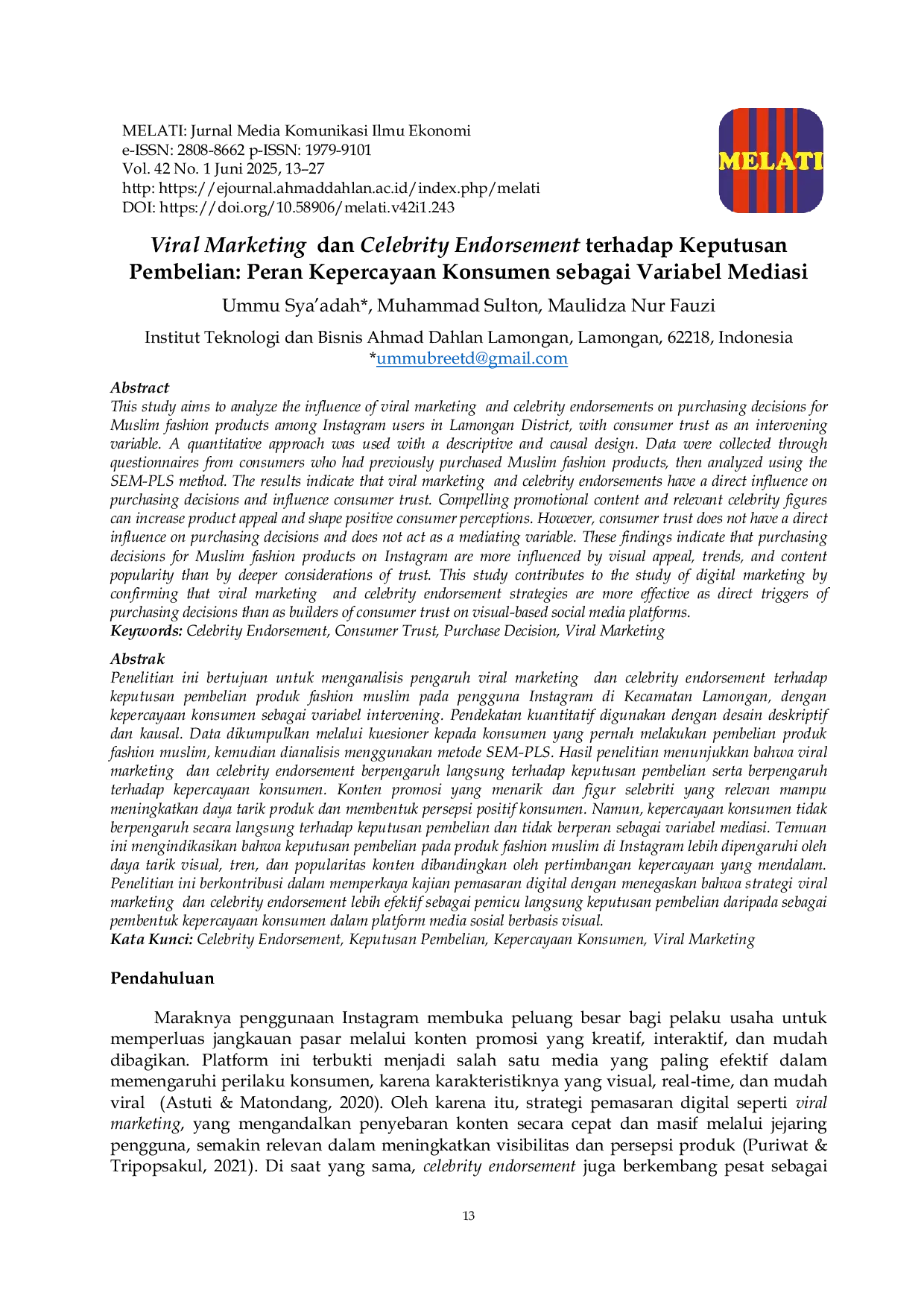 JURIS Viral Marketing dan Celebrity Endorsement terhadap Keputusan Pembelian Peran Kepercayaan Konsumen Sebagai Variabel Mediasi