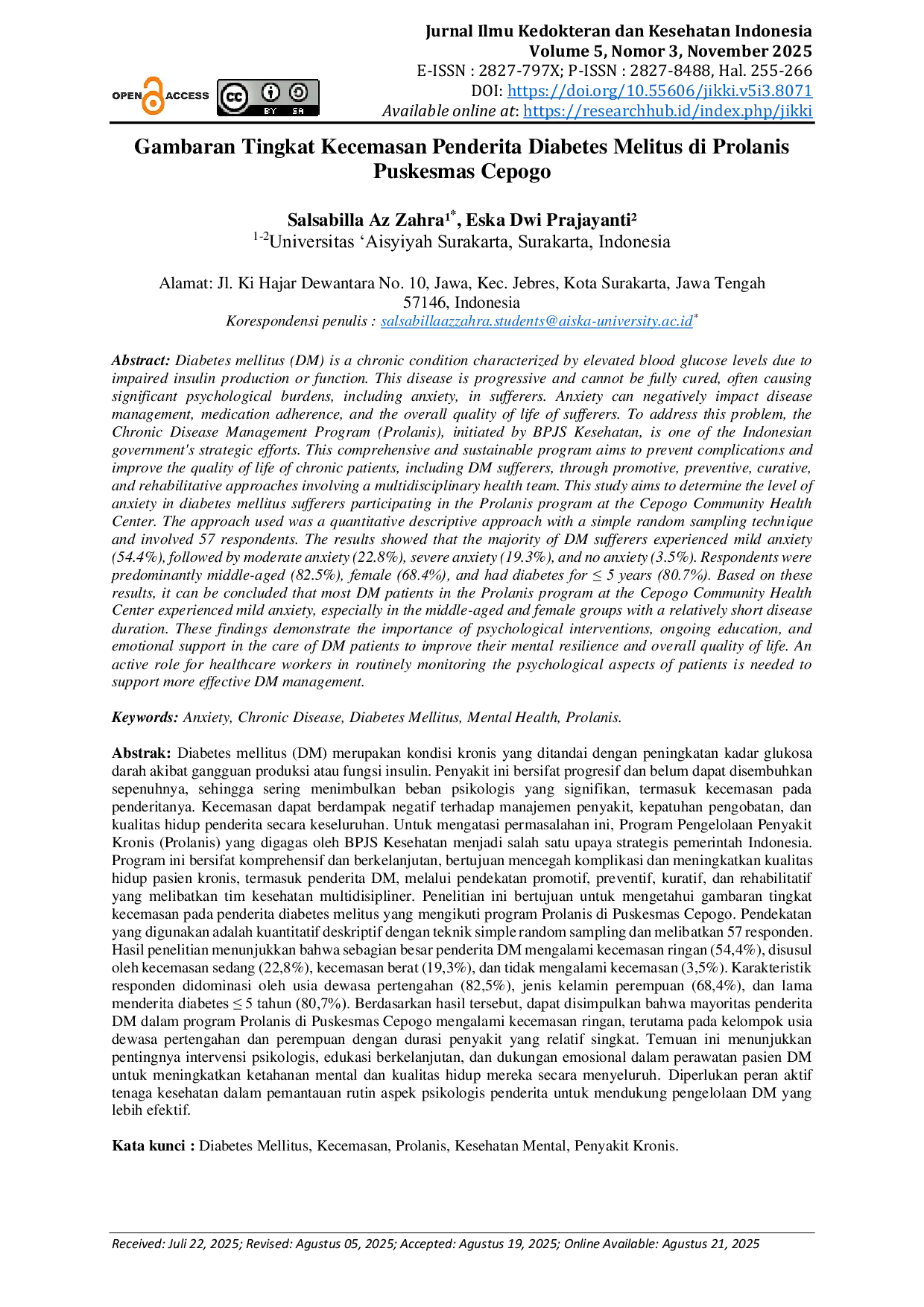 JURIS Gambaran Tingkat Kecemasan Penderita Diabetes Melitus di Prolanis Puskesmas Cepogo