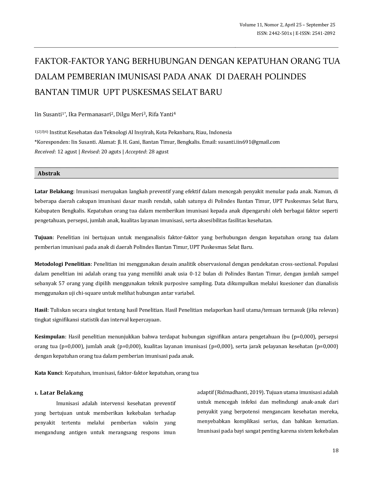 JURIS Faktor Faktor Yang Berhubungan Dengan Kepatuhan Orang Tua Dalam Pemberian Imunisasi Pada Anak Di Daerah Polindes Bantan Timur Upt Puskesmas Selat Baru