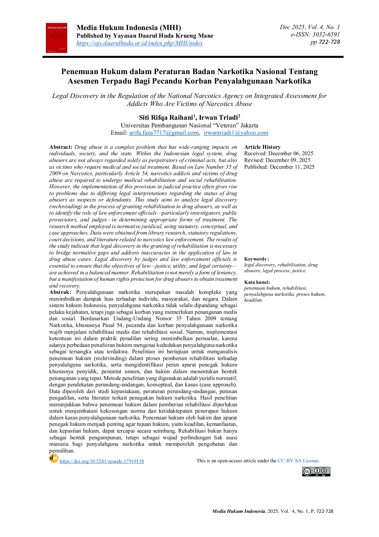 JURIS Penemuan Hukum Dalam Peraturan Badan Narkotika Nasional Tentang Asesmen Terpadu Bagi Pecandu Korban Penyalahgunaan Narkotika