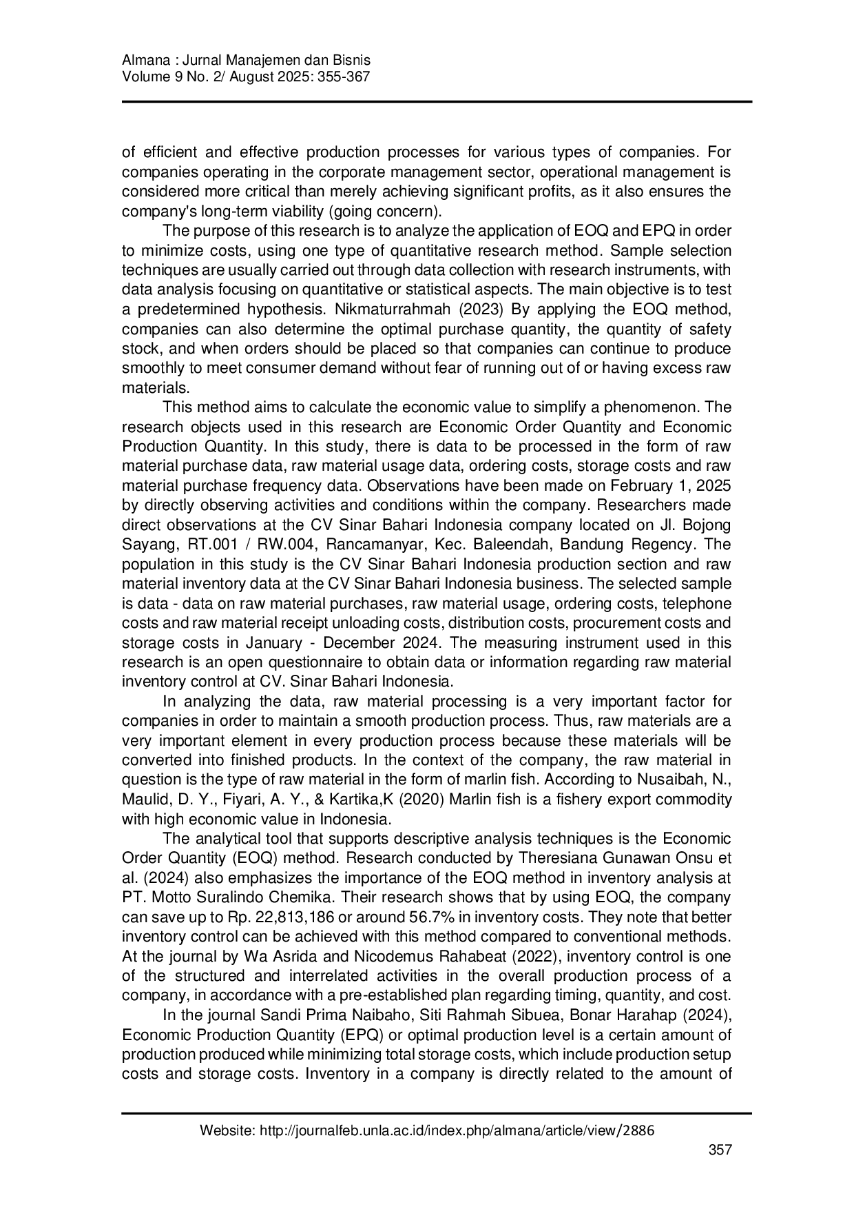 JURIS Application of Economic Order Quantity EOQ and Economic Production Quantity EPQ Methods to Realize the Efficiency of Raw Material Inventory Costs