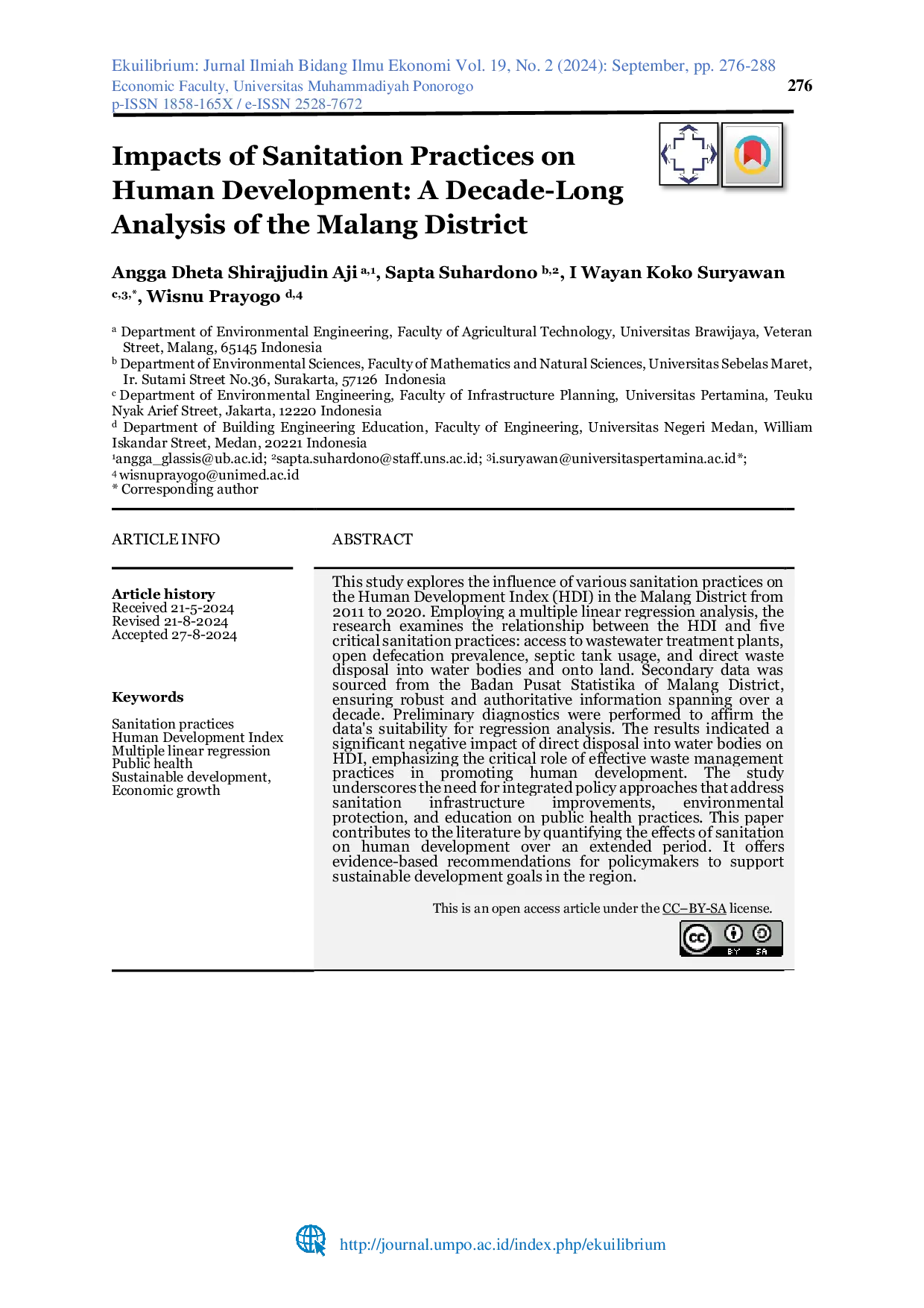 JURIS Impacts of Sanitation Practices on Human Development A Decade Long Analysis of the Malang District