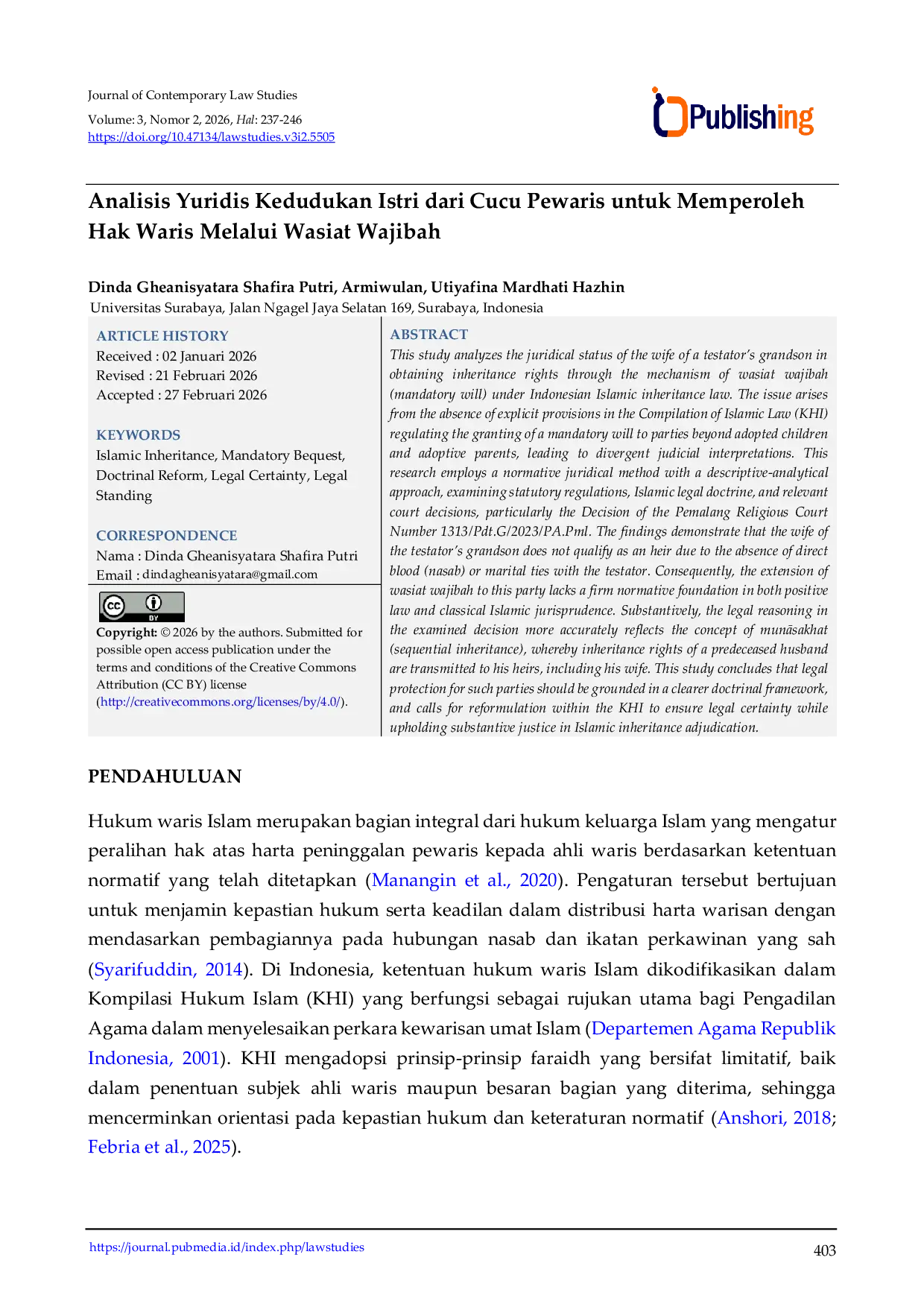 JURIS Analisis Yuridis Kedudukan Istri dari Cucu Pewaris untuk Memperoleh Hak Waris Melalui Wasiat Wajibah