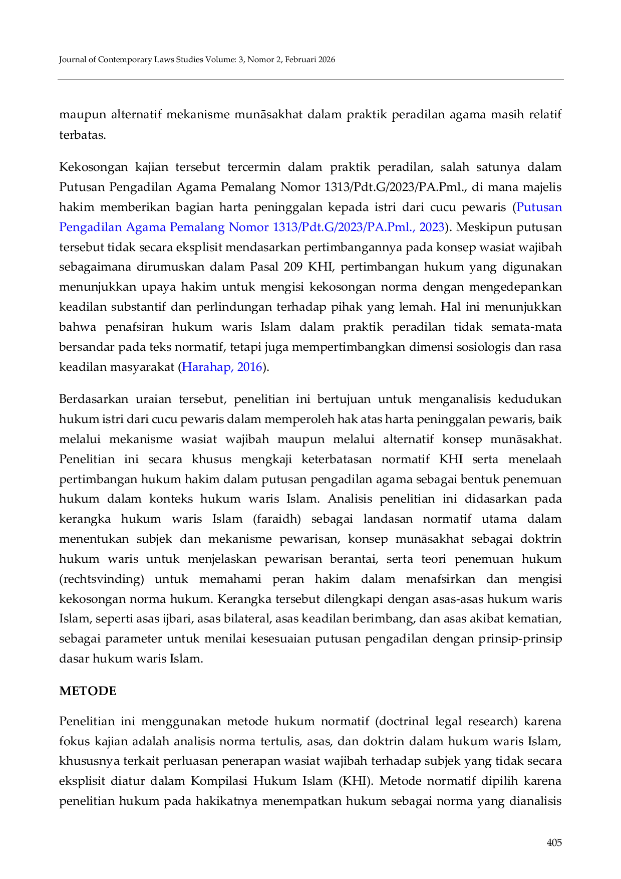 JURIS Analisis Yuridis Kedudukan Istri dari Cucu Pewaris untuk Memperoleh Hak Waris Melalui Wasiat Wajibah