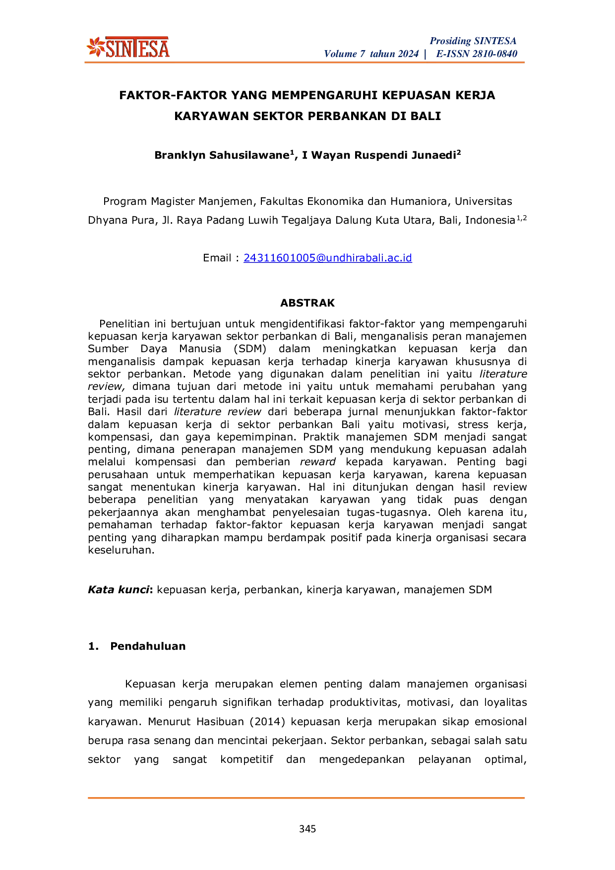 JURIS Faktor Faktor yang Mempengaruhi Kepuasan Kerja Karyawan Sektor Perbankan di Bali