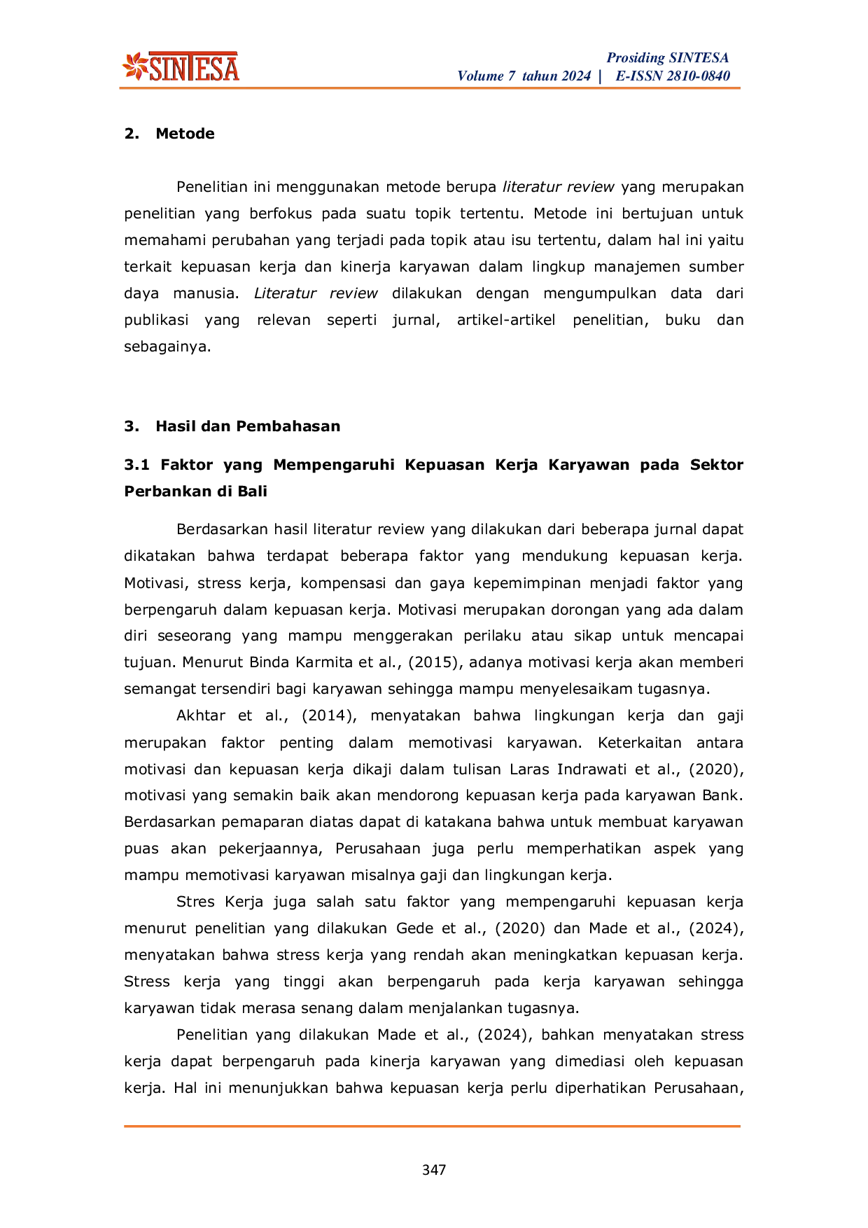 JURIS Faktor Faktor yang Mempengaruhi Kepuasan Kerja Karyawan Sektor Perbankan di Bali