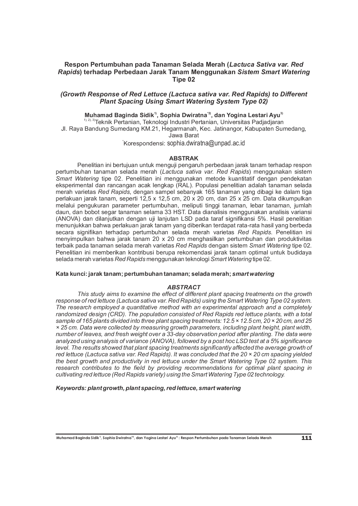 JURIS Respon Pertumbuhan pada Tanaman Selada Merah Lactuca Sativa var Red Rapids terhadap Perbedaan Jarak Tanam Menggunakan Sistem Smart Watering Tipe 02