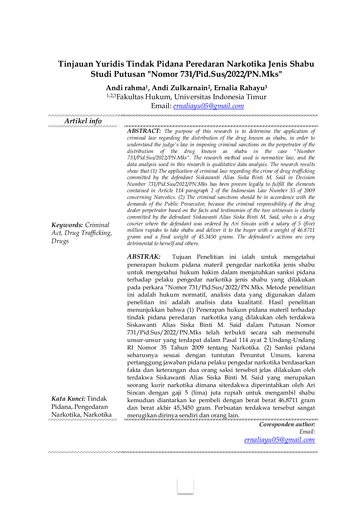 JURIS Tinjauan Yuridis Tindak Pidana Peredaran Narkotika Jenis Shabu Studi Putusan 731 Pid Sus 2022 PN Mks