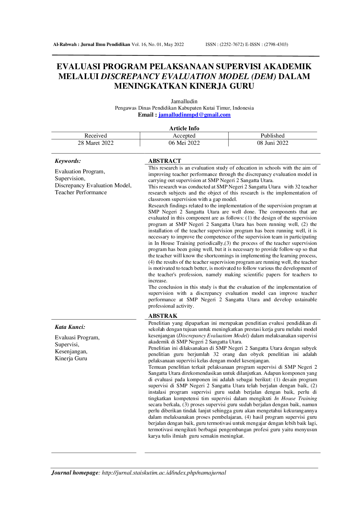 juris Evaluasi Program Pelaksanaan Supervisi Akademik Melalui Discrepancy Evaluation Model Dem Dalam Meningkatkan Kinerja Guru