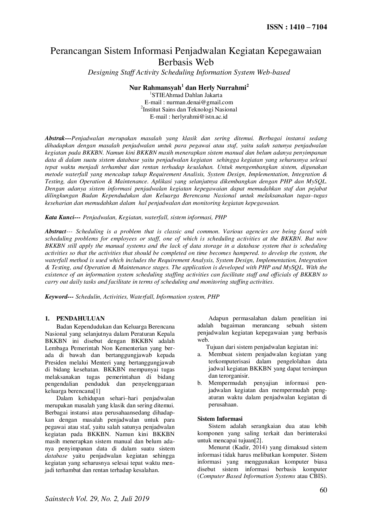 JURIS Perancangan Sistem Informasi Penjadwalan Kegiatan Kepegawaian Berbasis Web