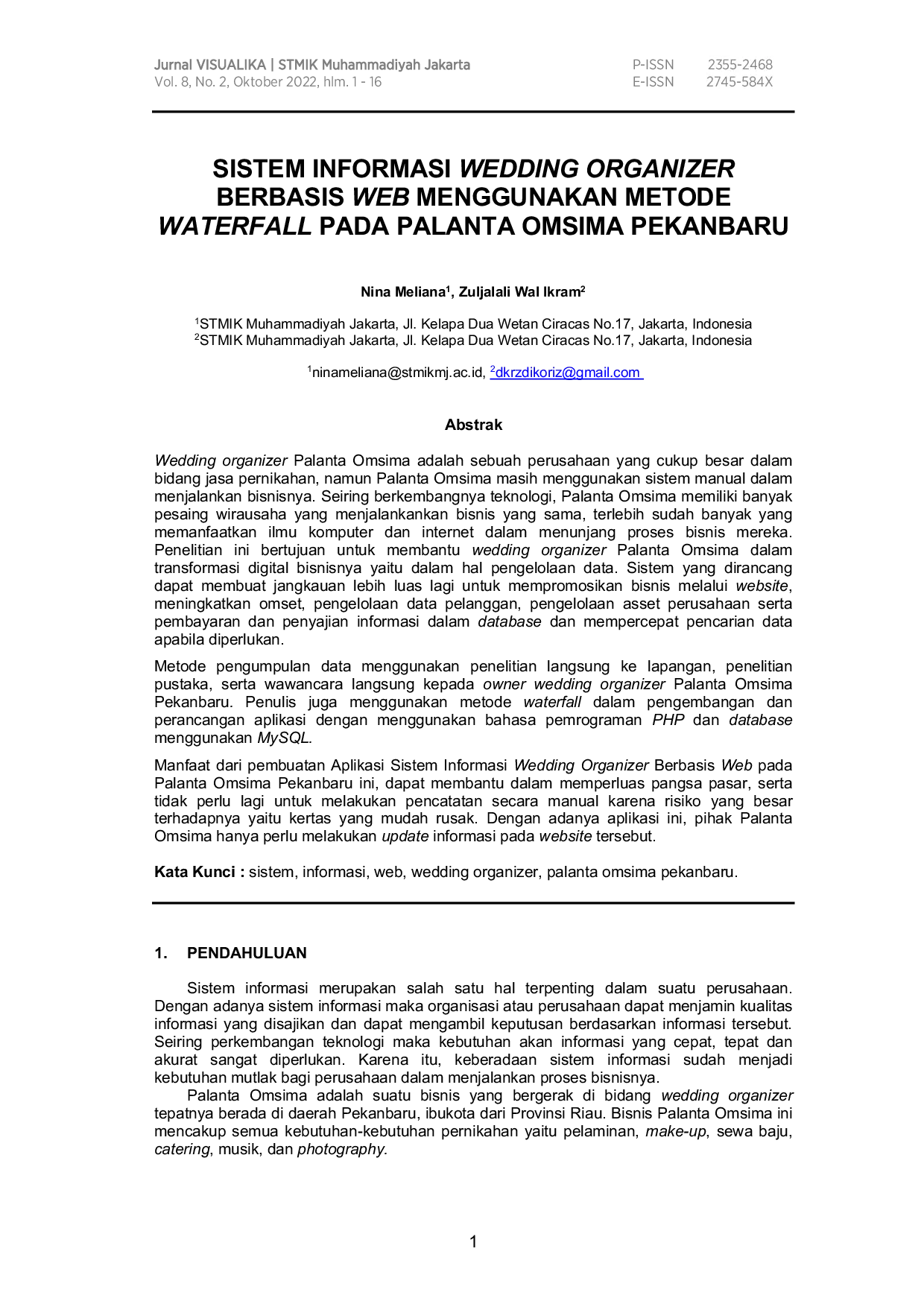 juris Sistem Informasi Wedding Organizer Berbasis Web Menggunakan Metode Waterfall Pada Palanta Omsima Pekanbaru