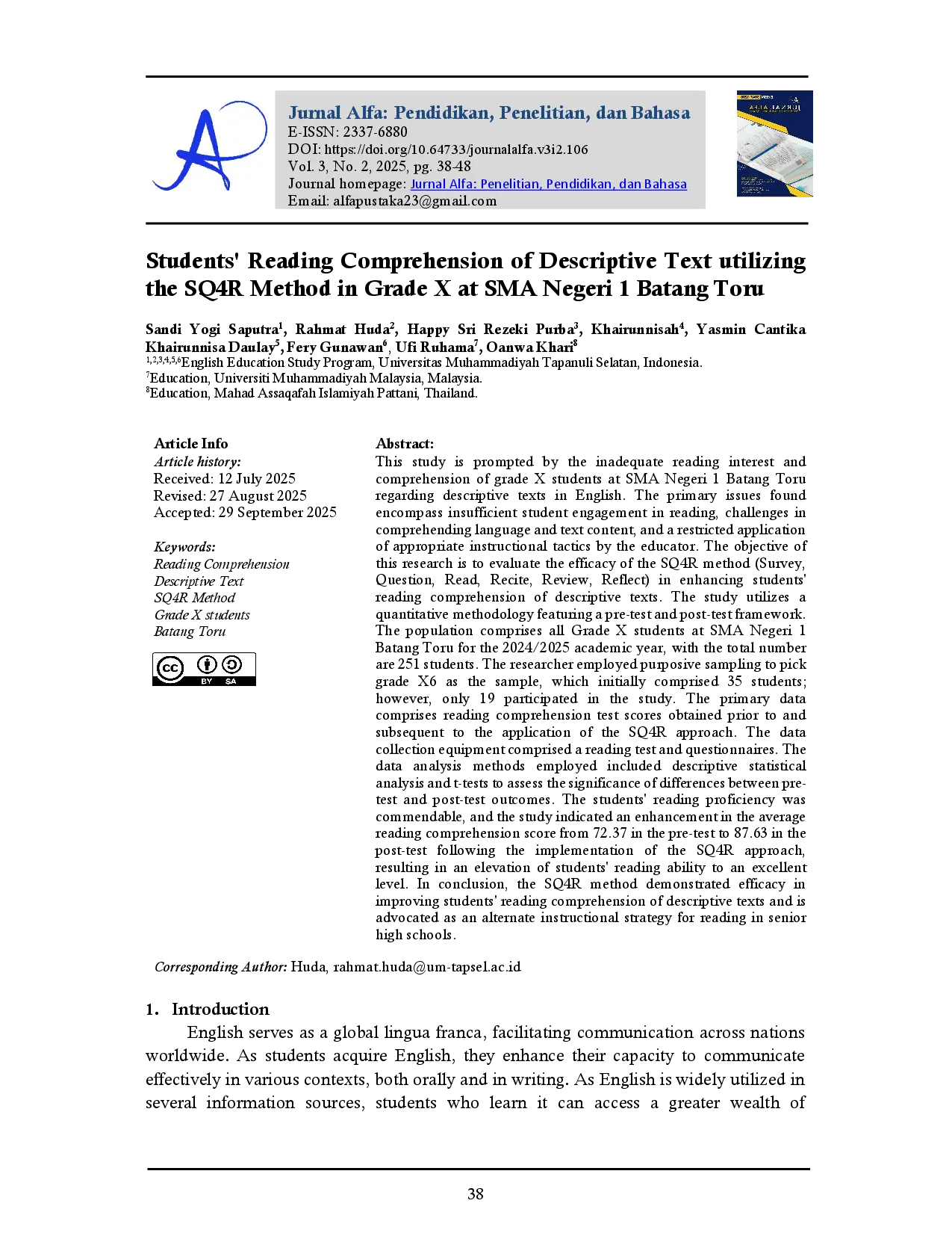 juris Students Reading Comprehension of Descriptive Text Utilizing the SQ4R Method in Grade X at SMA Negeri 1 Batang Toru