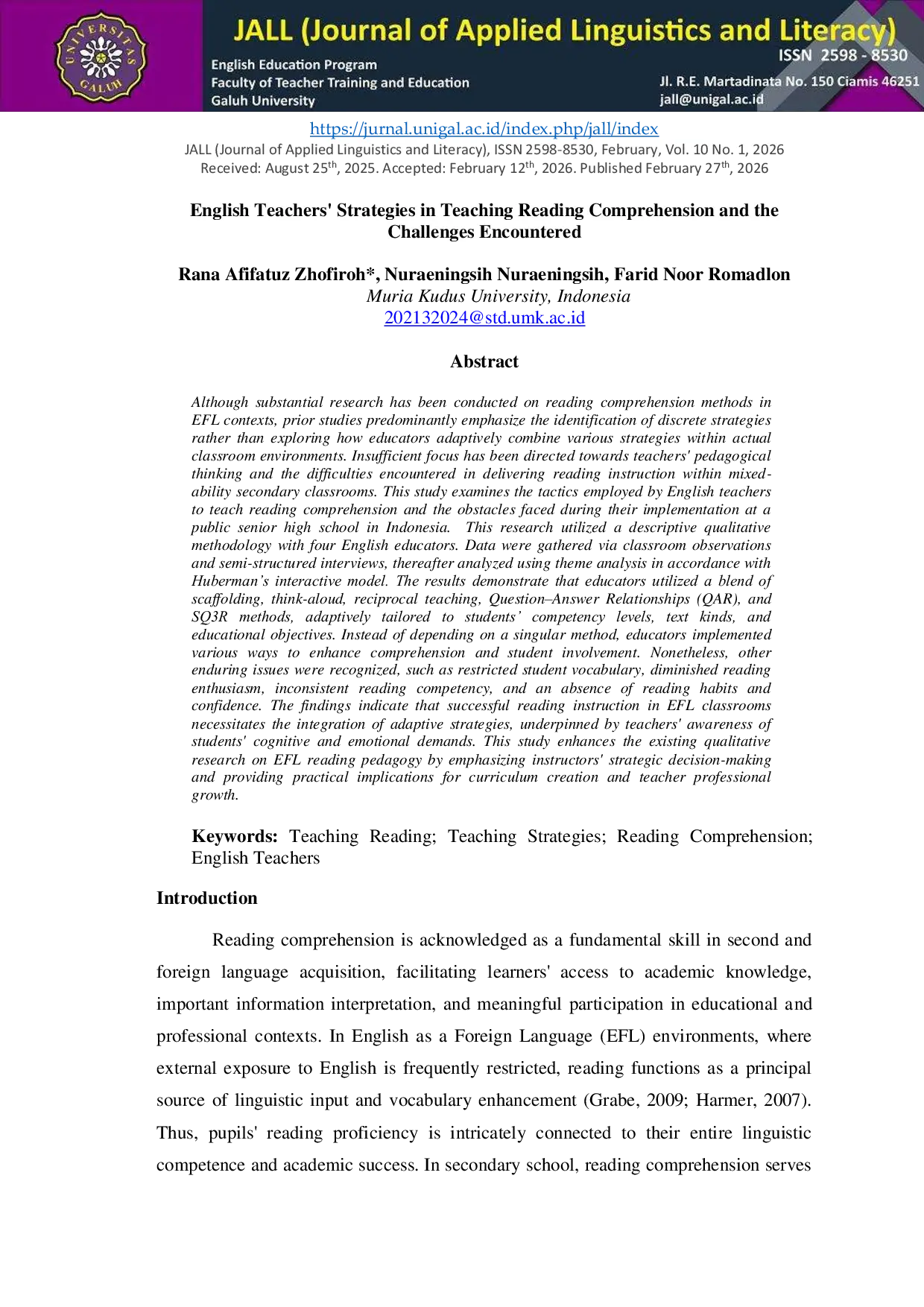 JURIS English Teachers Strategies in Teaching Reading Comprehension and the Challenges Encountered