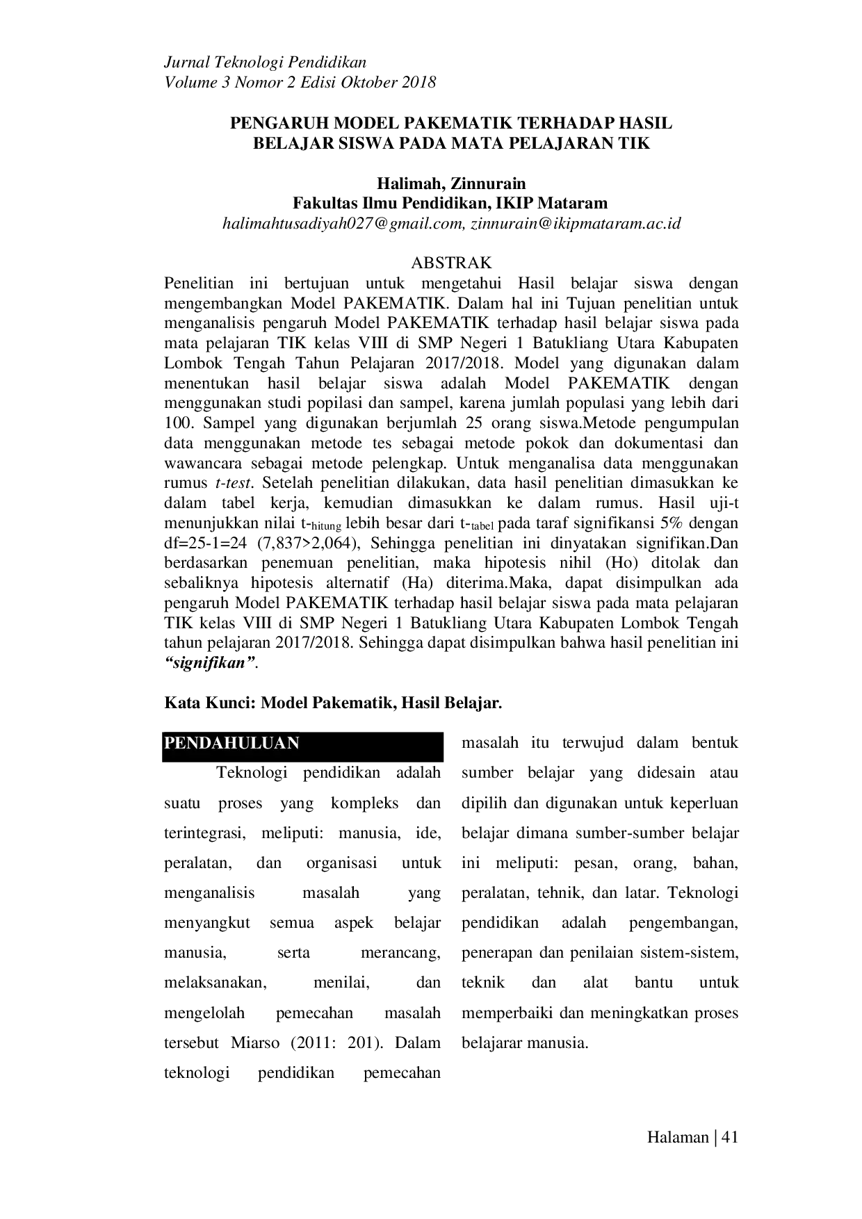 JURIS Pengaruh Model Pakematik Terhadap Hasil Belajar Siswa Pada Mata Pelajaran Tik