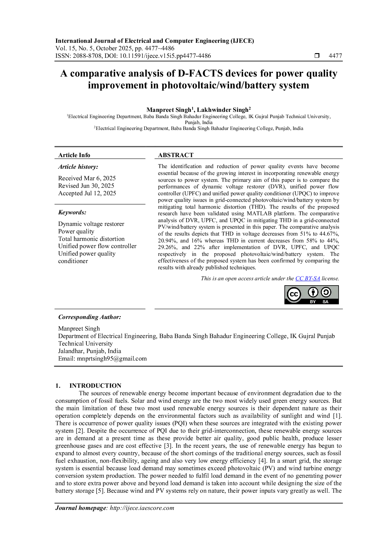 JURIS A comparative analysis of D FACTS devices for power quality improvement in photovoltaic wind battery system