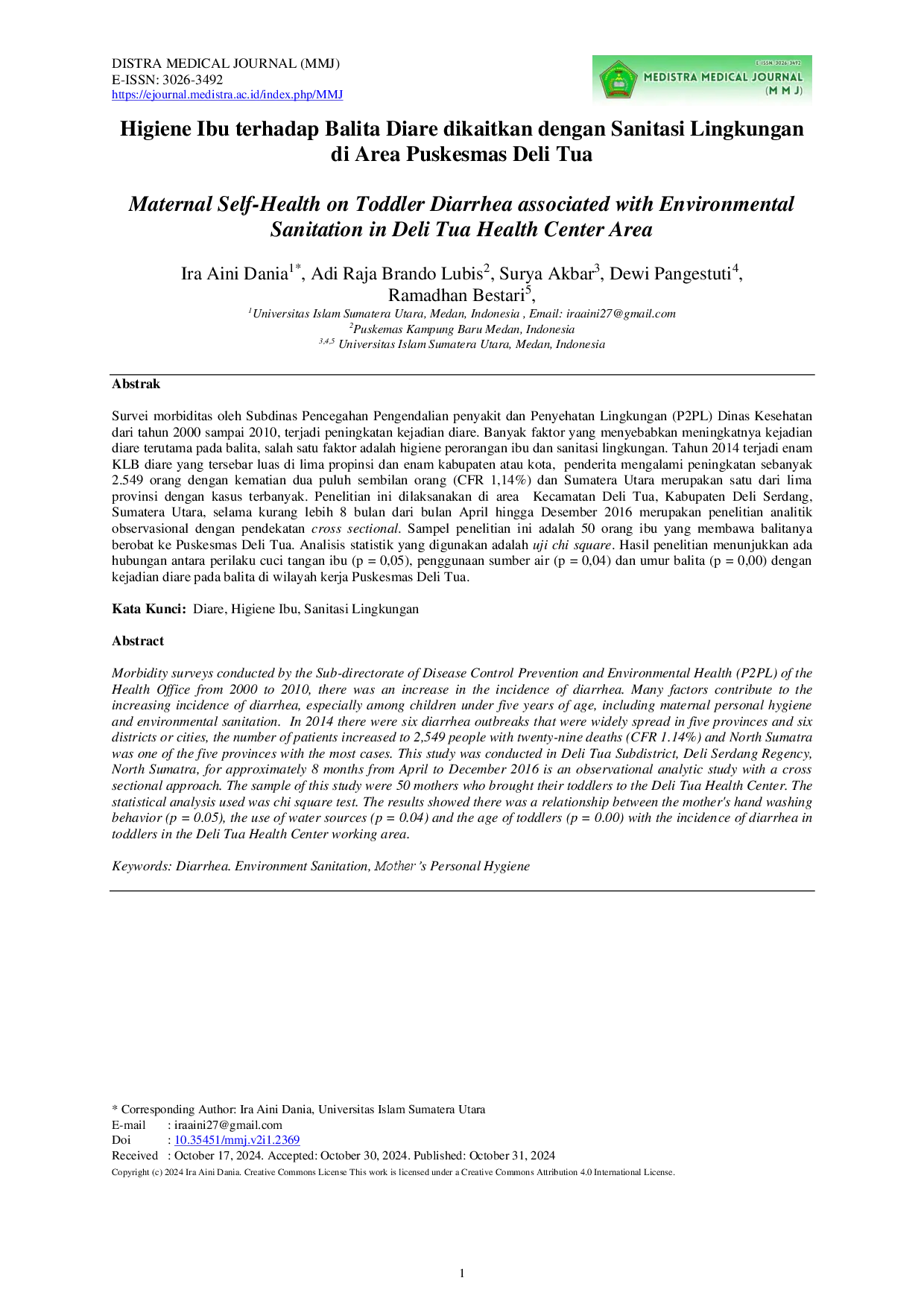 juris Maternal Self Health on Toddler Diarrhea associated with Environmental Sanitation in Deli Tua Health Center Area