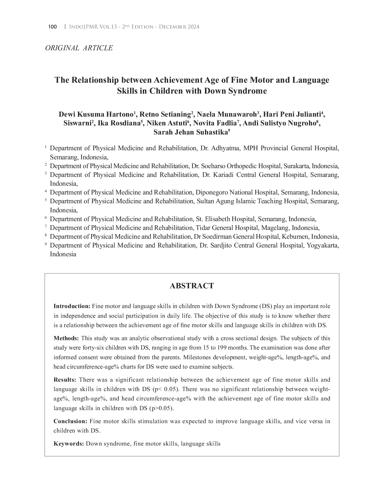 JURIS The Relationship between Achievement Age of Fine Motor and Language Skills in Children with Down Syndrome