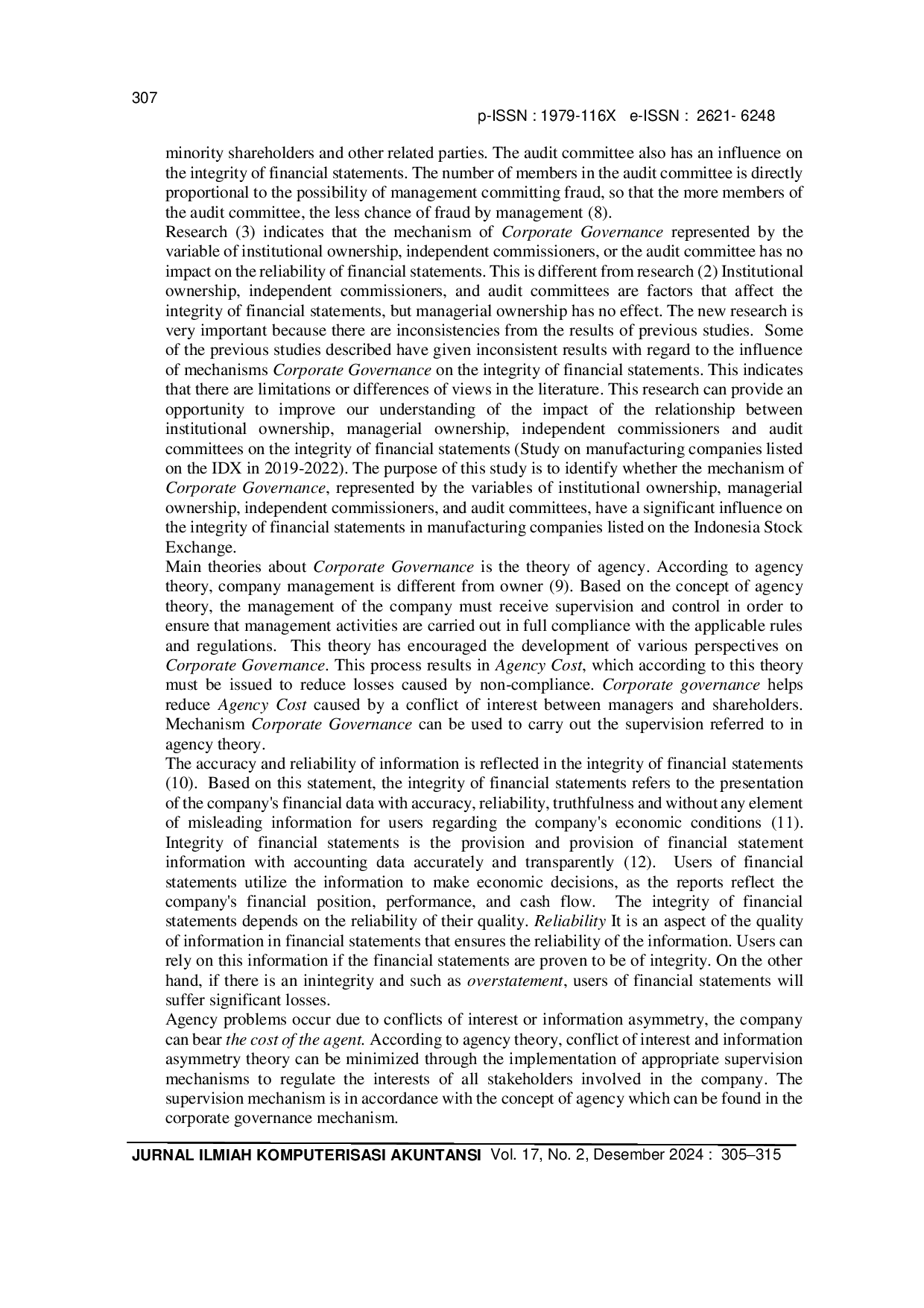 JURIS The Effect of Corporate Governance Mechanism on the Integrity of Financial Statements in Manufacturing Companies in the IDX