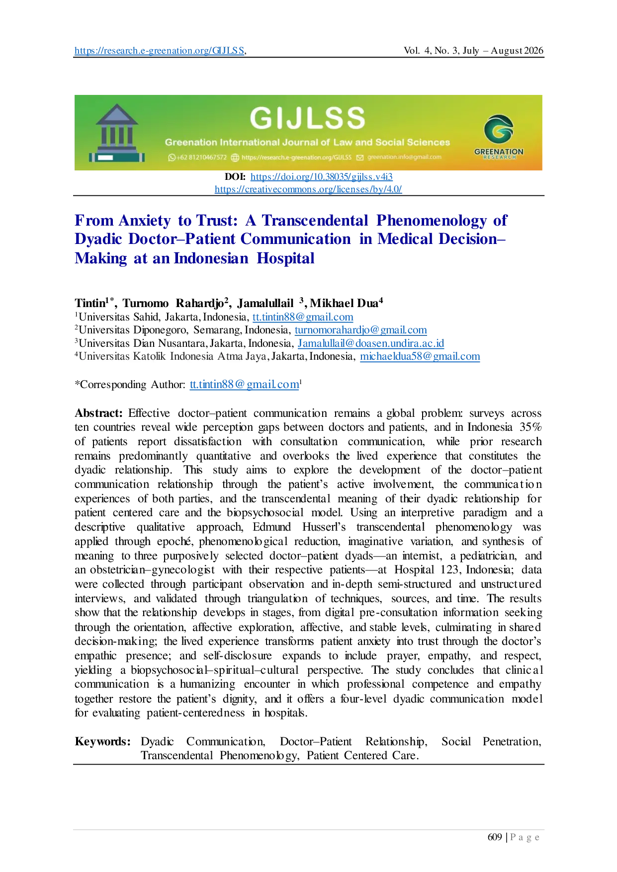 JURIS From Anxiety to Trust A Transcendental Phenomenology of Dyadic Doctor Patient Communication in Medical Decision Making at an Indonesian Hospital