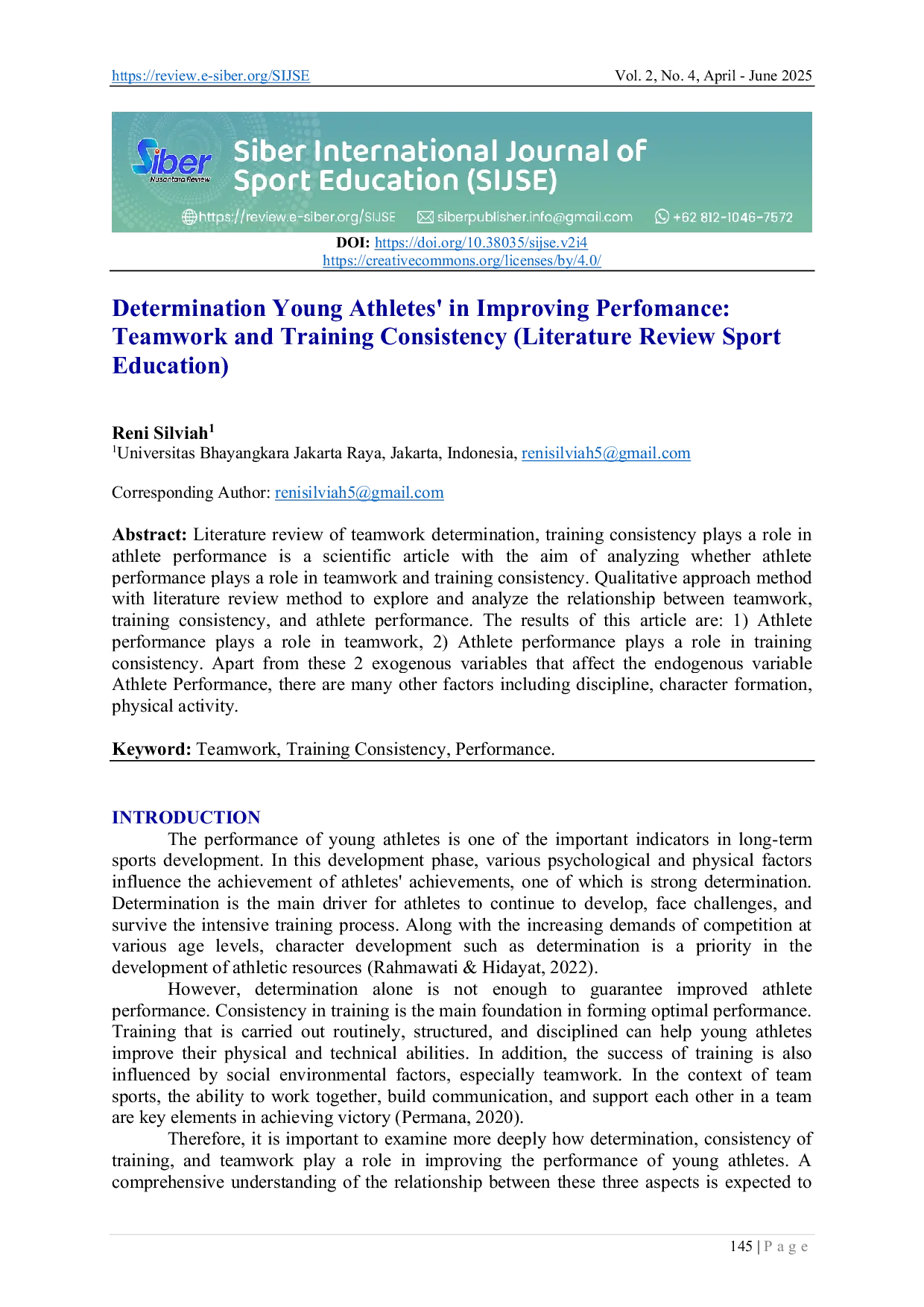 JURIS Determination Young Athletes in Improving Perfomance Teamwork and Training Consistency Literature Review Sport Education