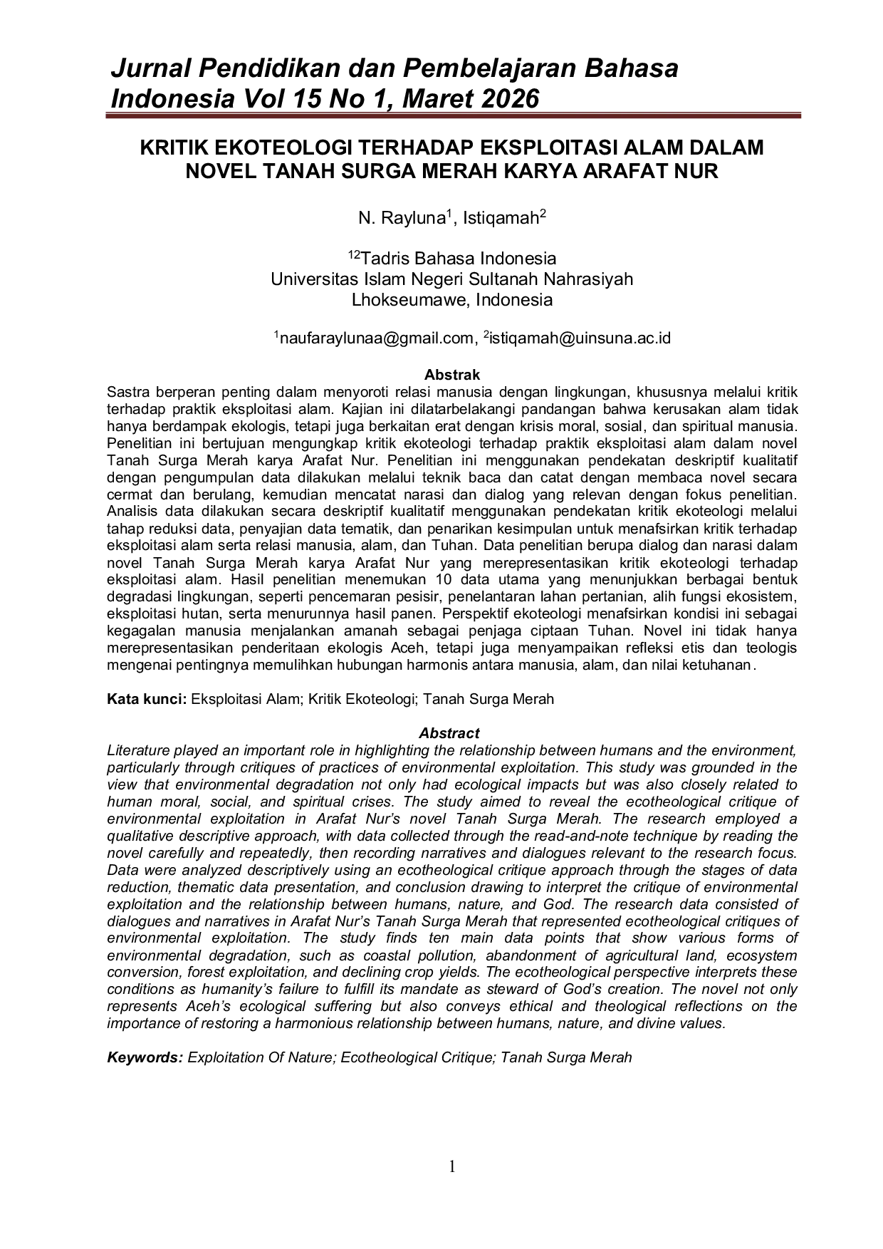 JURIS Kritik Ekoteologi Terhadap Eksploitasi Alam Dalam Novel Tanah Surga Merah Karya Arafat Nur
