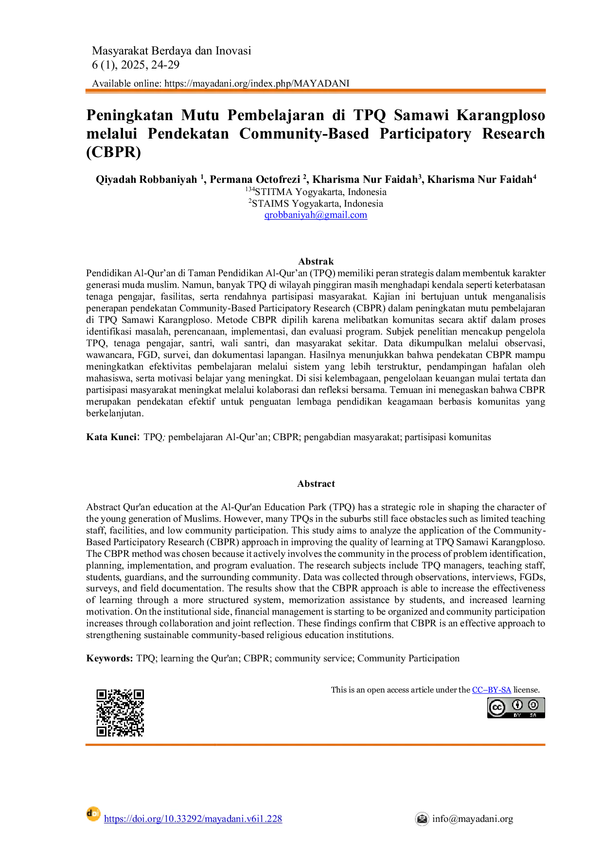 JURIS A Peningkatan Mutu Pembelajaran di TPQ Samawi Karangploso melalui Pendekatan Community Based Participatory Research CBPR