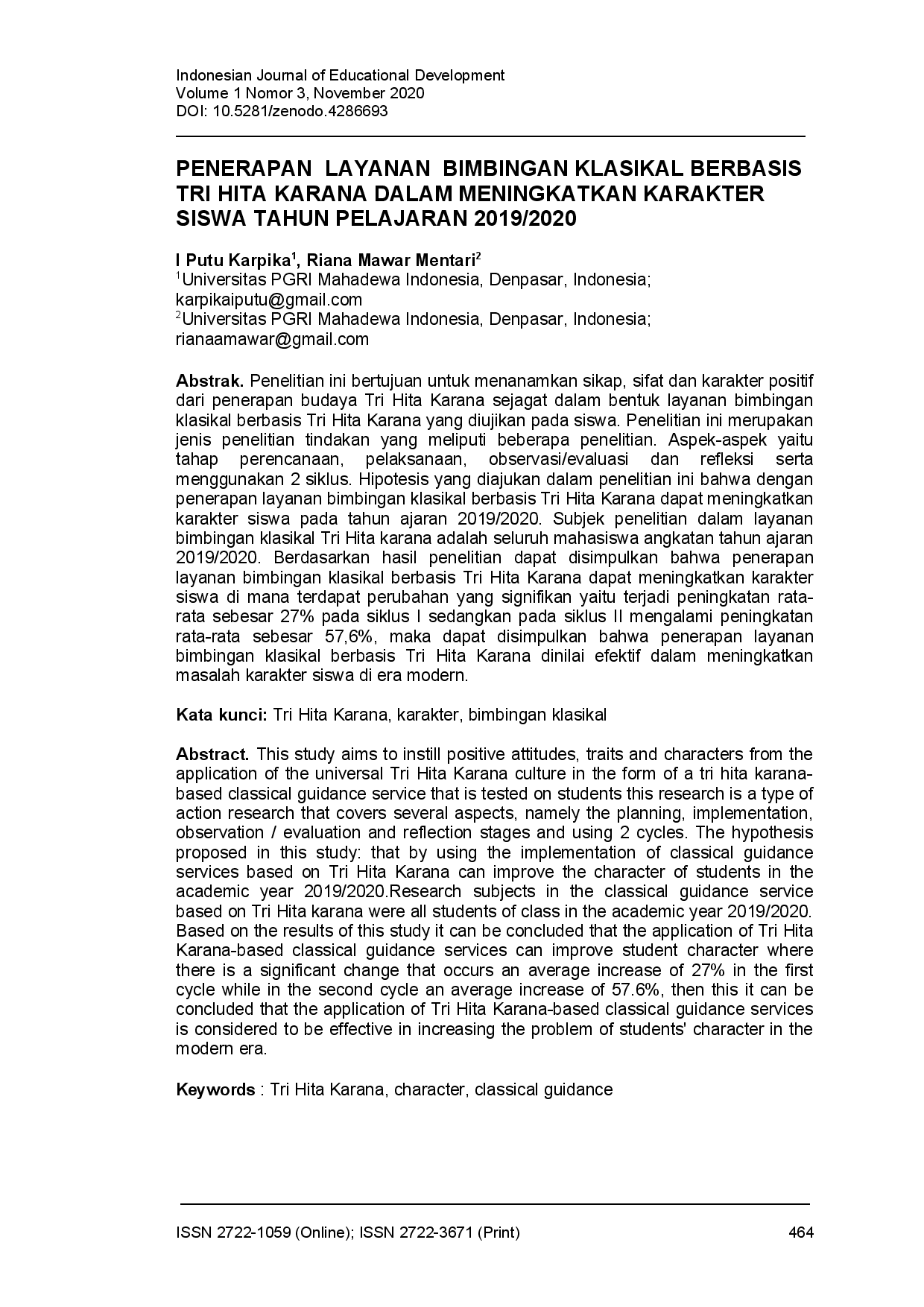 juris Penerapan layanan bimbingan klasikal berbasis tri hita karana dalam meningkatkan karakter siswa tahun pelajaran 2019 2020