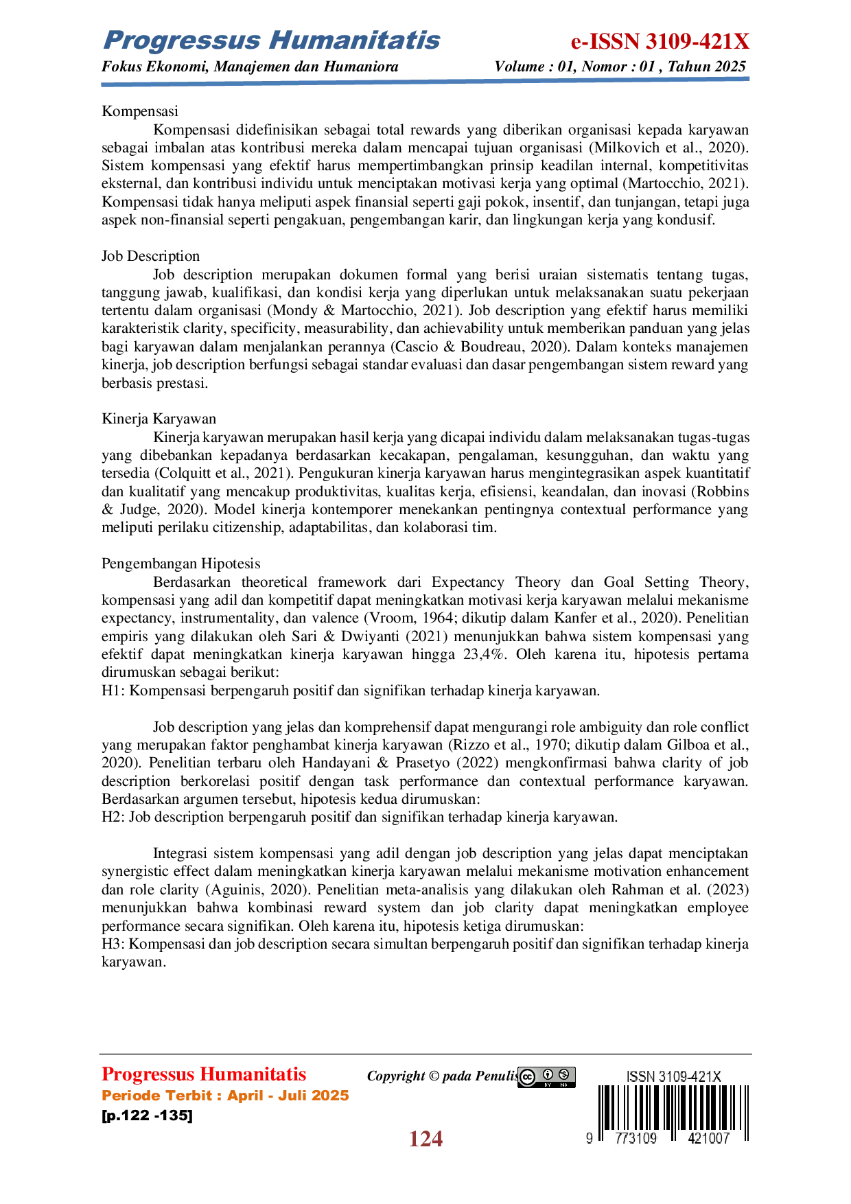 JURIS Pengaruh Kompensasi dan Job Description terhadap Kinerja Karyawan pada PT Panca Wiria Manggala Kabupaten Tangerang