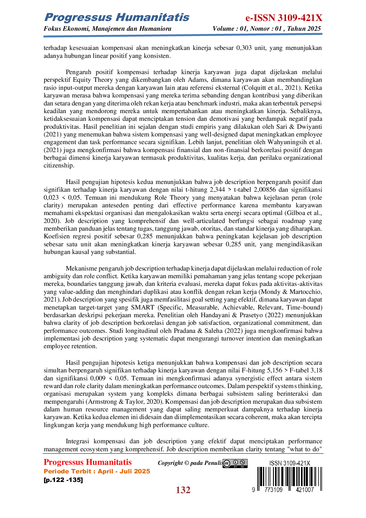 JURIS Pengaruh Kompensasi dan Job Description terhadap Kinerja Karyawan pada PT Panca Wiria Manggala Kabupaten Tangerang