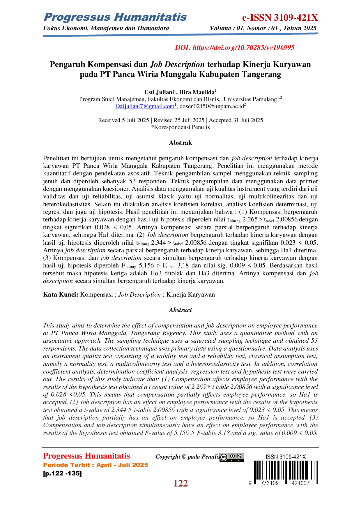 JURIS Pengaruh Kompensasi dan Job Description terhadap Kinerja Karyawan pada PT Panca Wiria Manggala Kabupaten Tangerang