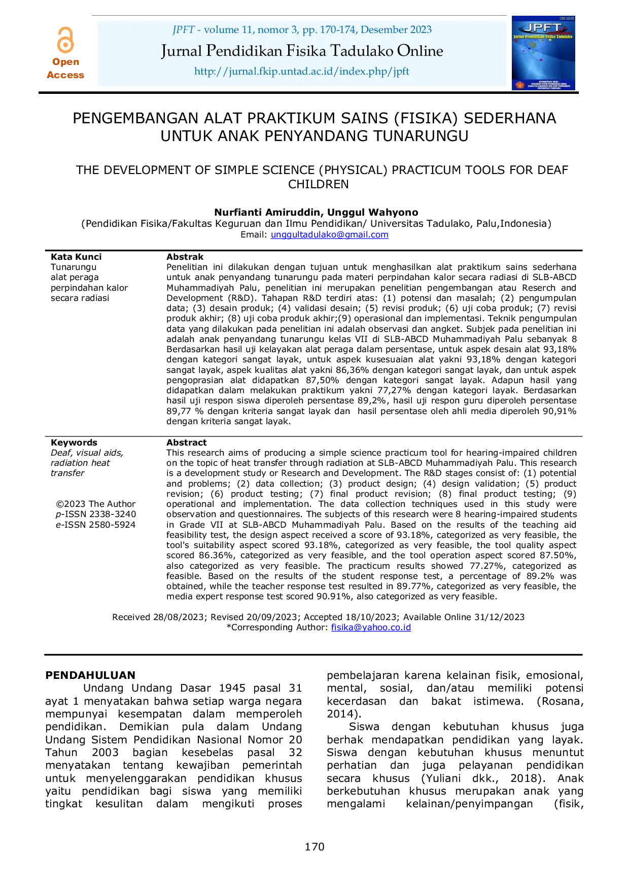JURIS Pengembangan Alat Praktikum Sains Fisika Sederhana Untuk Anak Penyandang Tunarungu