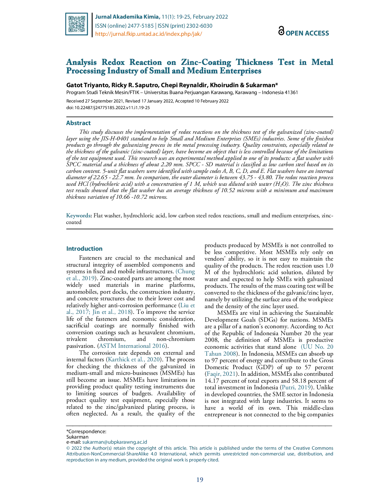juris Analysis Redox Reaction on Zinc Coating Thickness Test in Metal Processing Industry of Small and Medium Enterprises