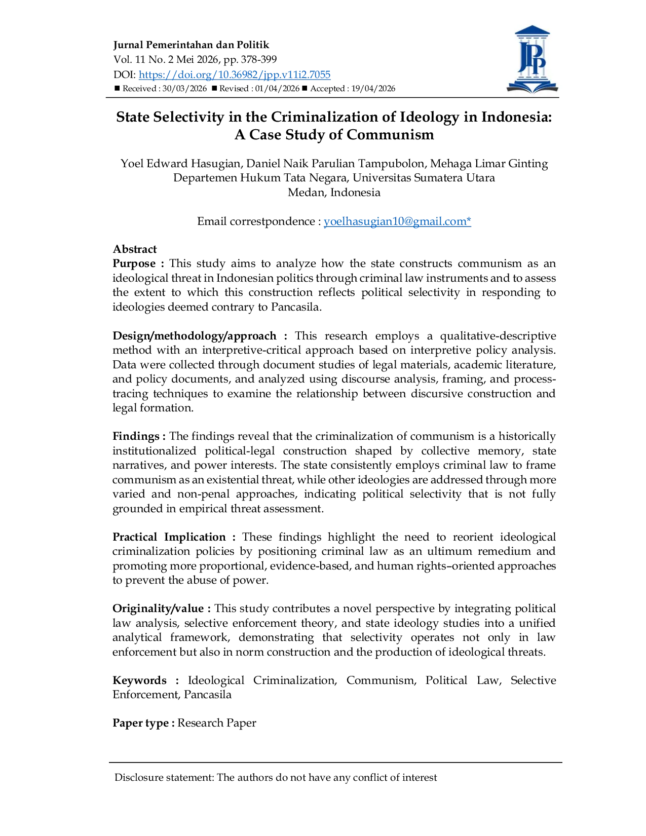 JURIS State Selectivity in the Criminalization of Ideology in Indonesia A Case Study of Communism