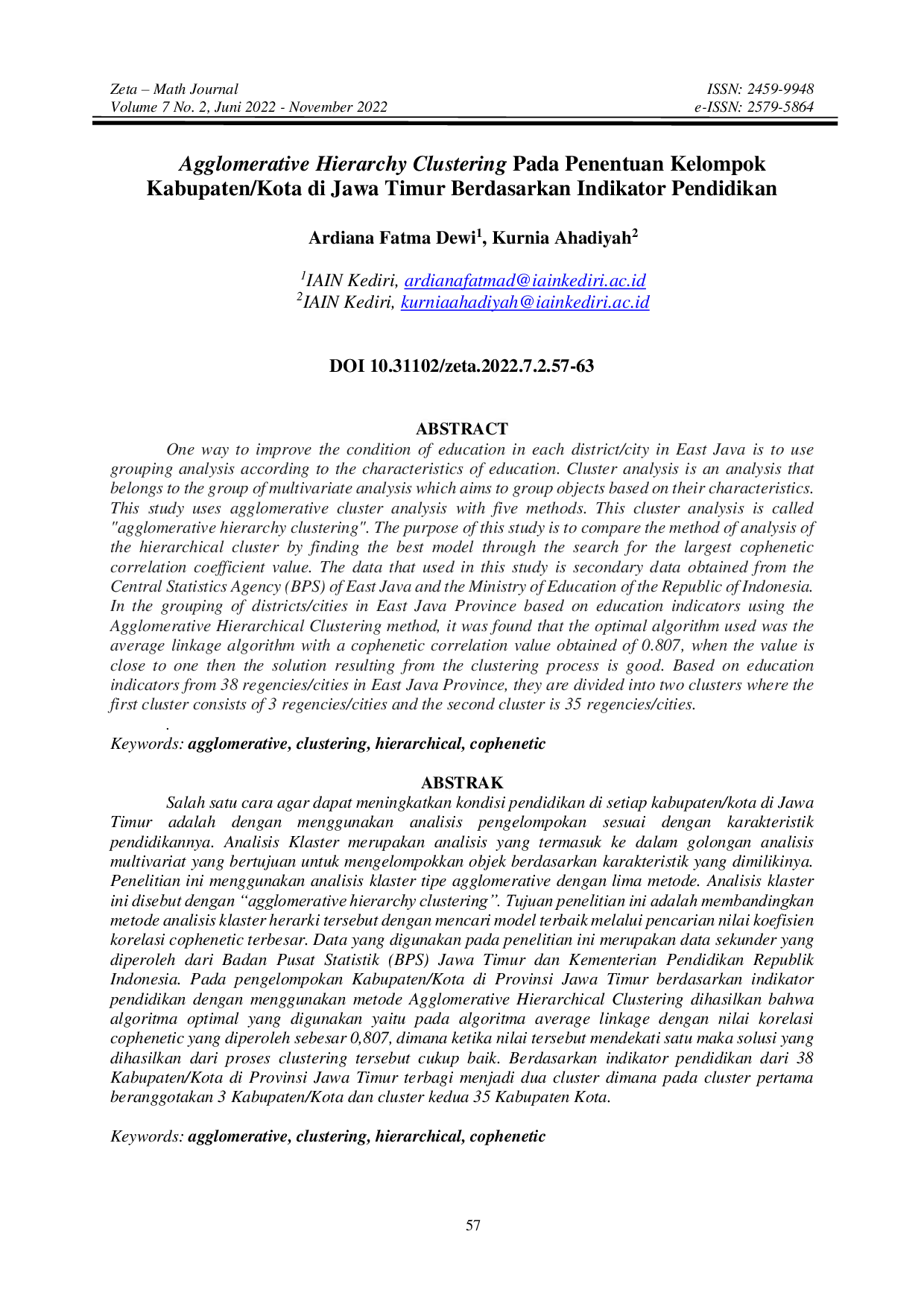 JURIS Agglomerative Hierarchy Clustering Pada Penentuan Kelompok Kabupaten Kota Di Jawa Timur Berdasarkan Indikator Pendidikan