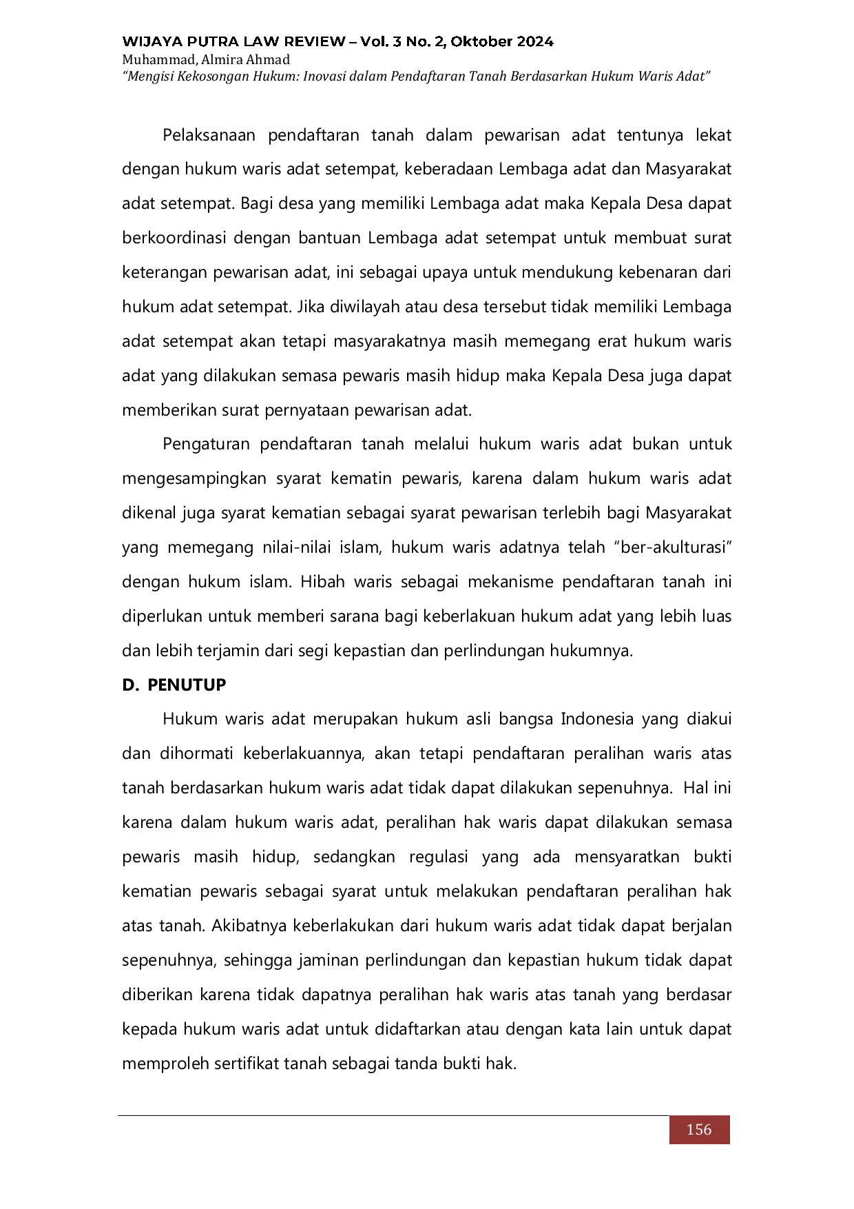 JURIS Mengisi Kekosongan Hukum Inovasi Dalam Pendaftaran Tanah Berdasarkan Hukum Waris Adat