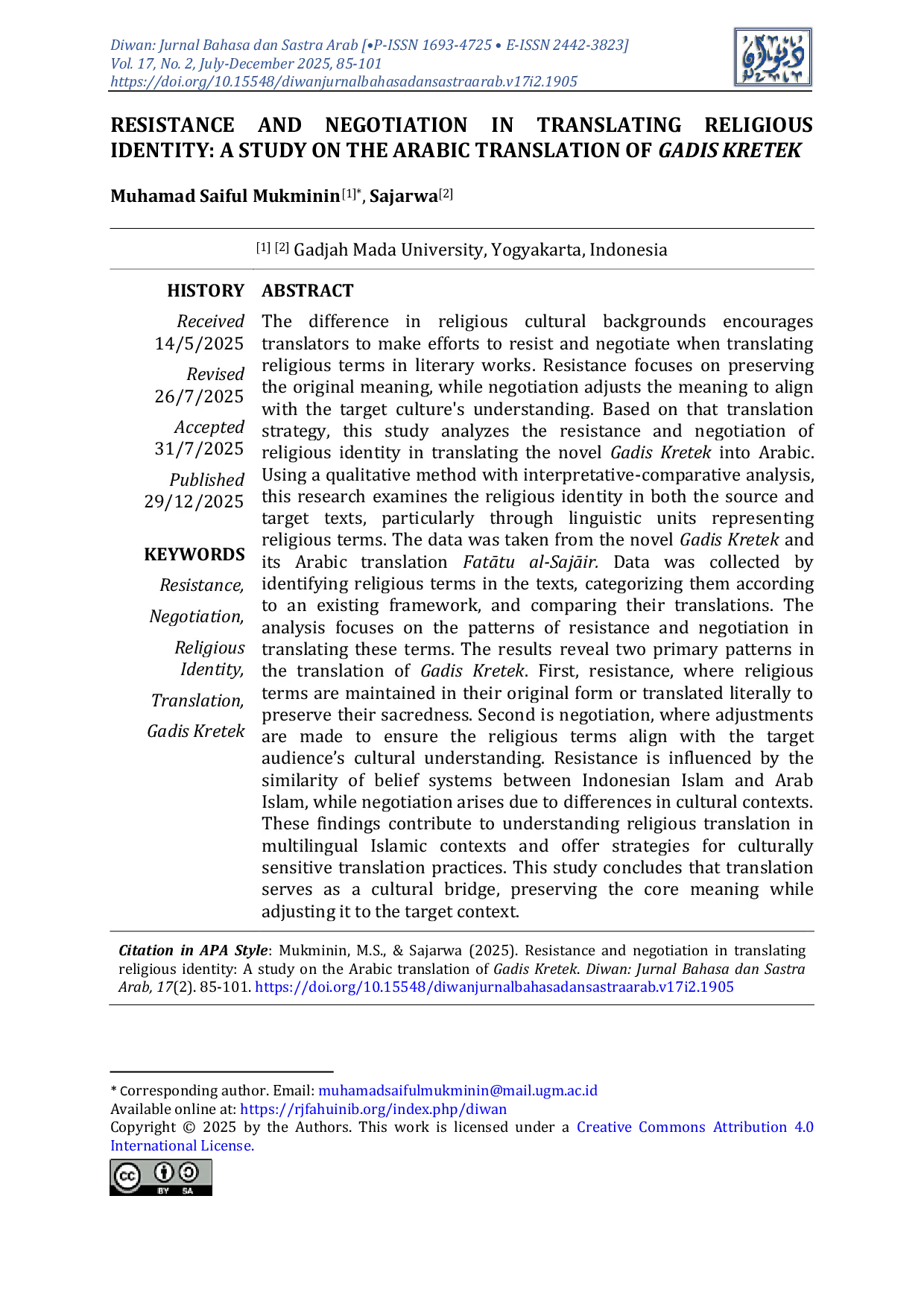 JURIS Resistance and negotiation in translating religious identity A study on the Arabic translation of Gadis Kretek