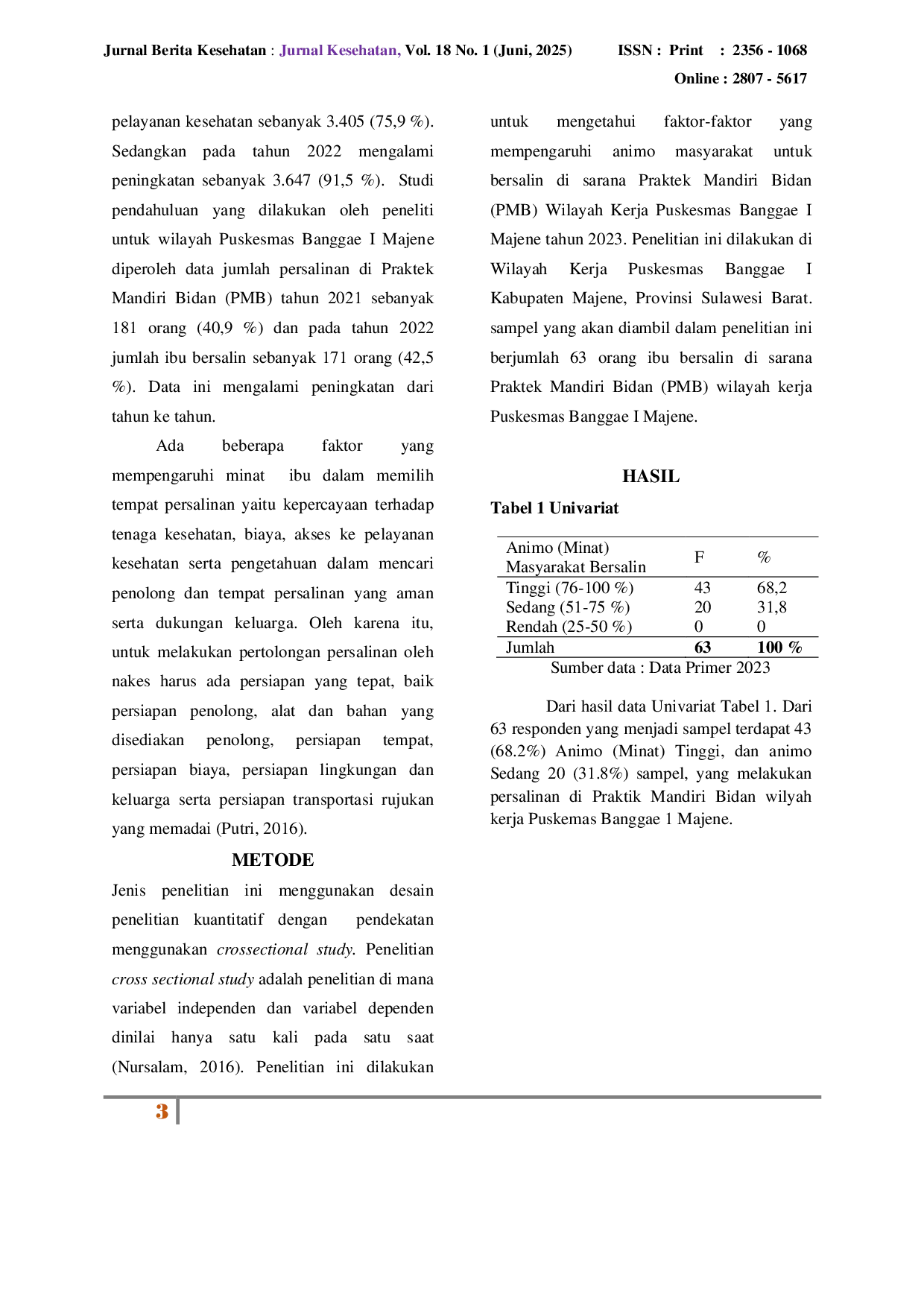JURIS Faktor Faktor Yang Mempengaruhi Animo Masyarakat Untuk Bersalin Di Sarana Praktik Mandiri Bidan PMB Wilayah Kerja Puskesmas Banggae I Kabupaten Majene