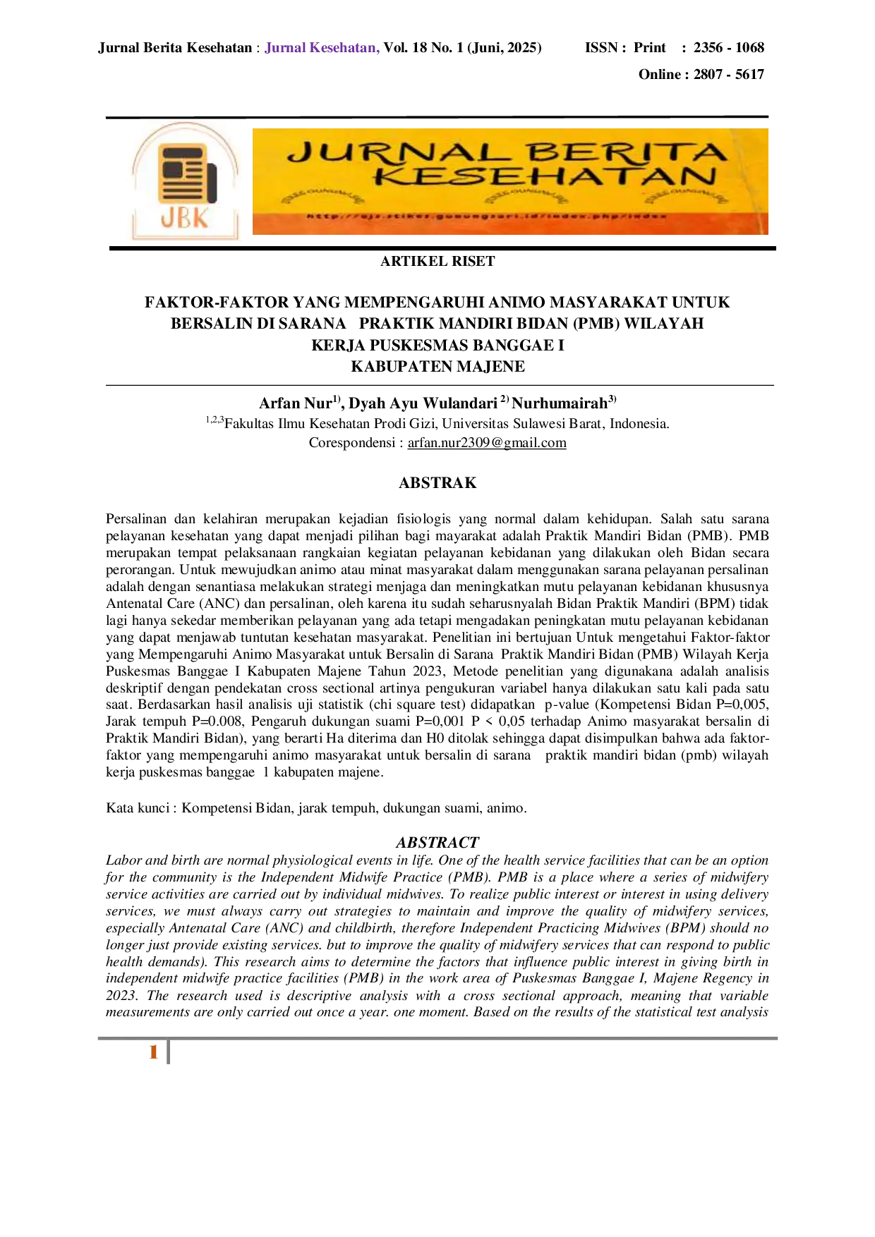 JURIS Faktor Faktor Yang Mempengaruhi Animo Masyarakat Untuk Bersalin Di Sarana Praktik Mandiri Bidan PMB Wilayah Kerja Puskesmas Banggae I Kabupaten Majene