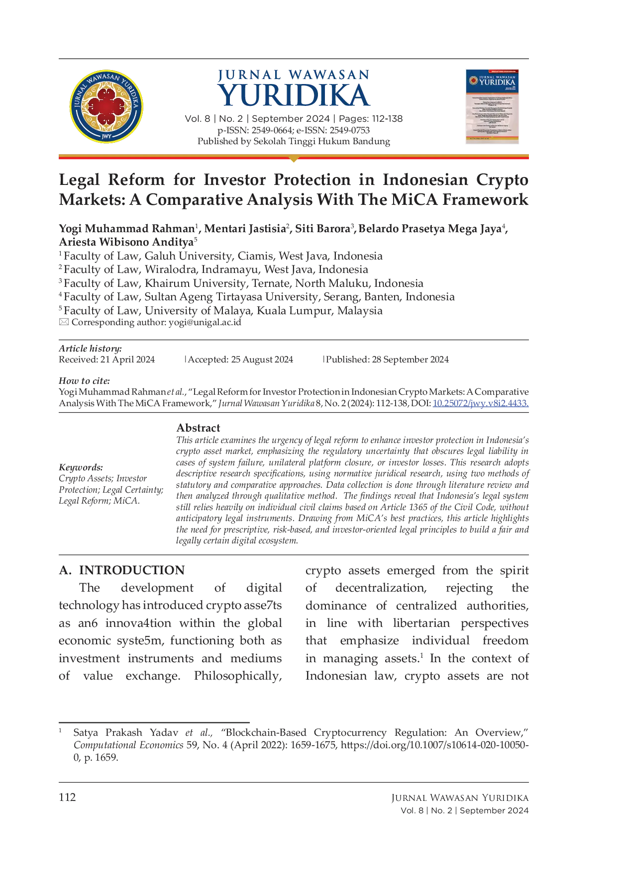 JURIS Legal Reform for Investor Protection in Indonesian Crypto Markets A Comparative Analysis With The MiCA Framework