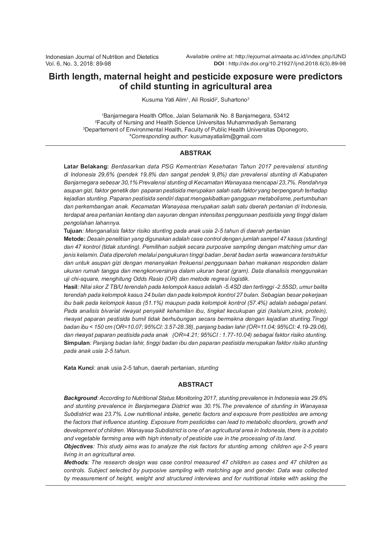 JURIS Birth Length Maternal Height And Pesticide Exposure Were Predictors Of Child Stunting In Agricultural Area