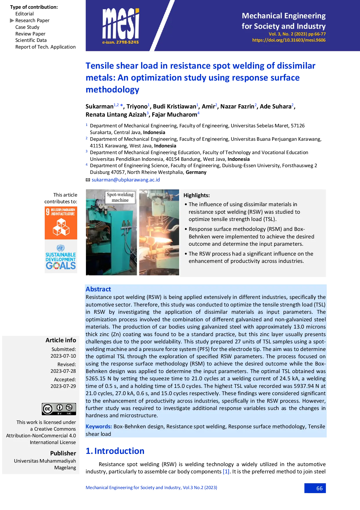 JURIS Tensile Shear Load in Resistance Spot Welding of Dissimilar Metals An Optimization Study Using Response Surface Methodology