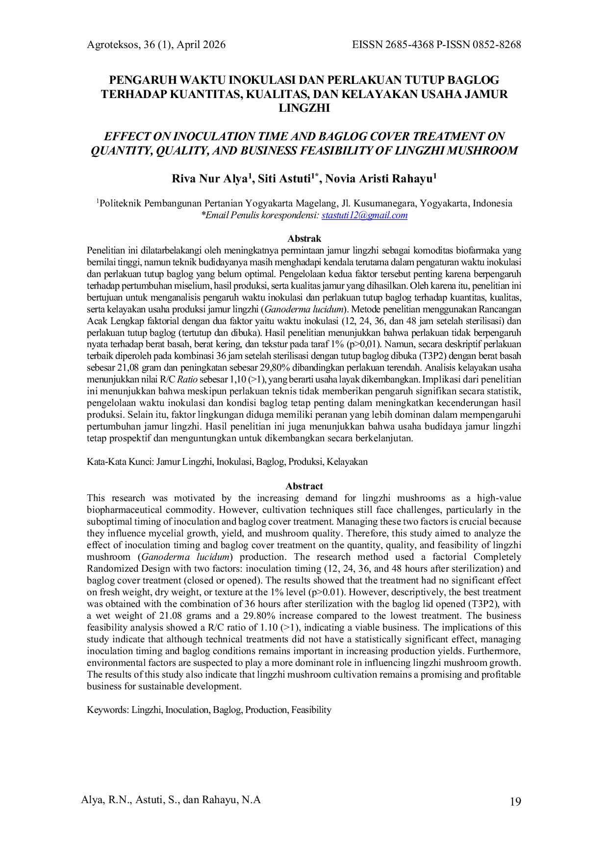 JURIS PENGARUH WAKTU INOKULASI DAN PERLAKUAN TUTUP BAGLOG TERHADAP KUANTITAS KUALITAS DAN KELAYAKAN USAHA JAMUR LINGZHI