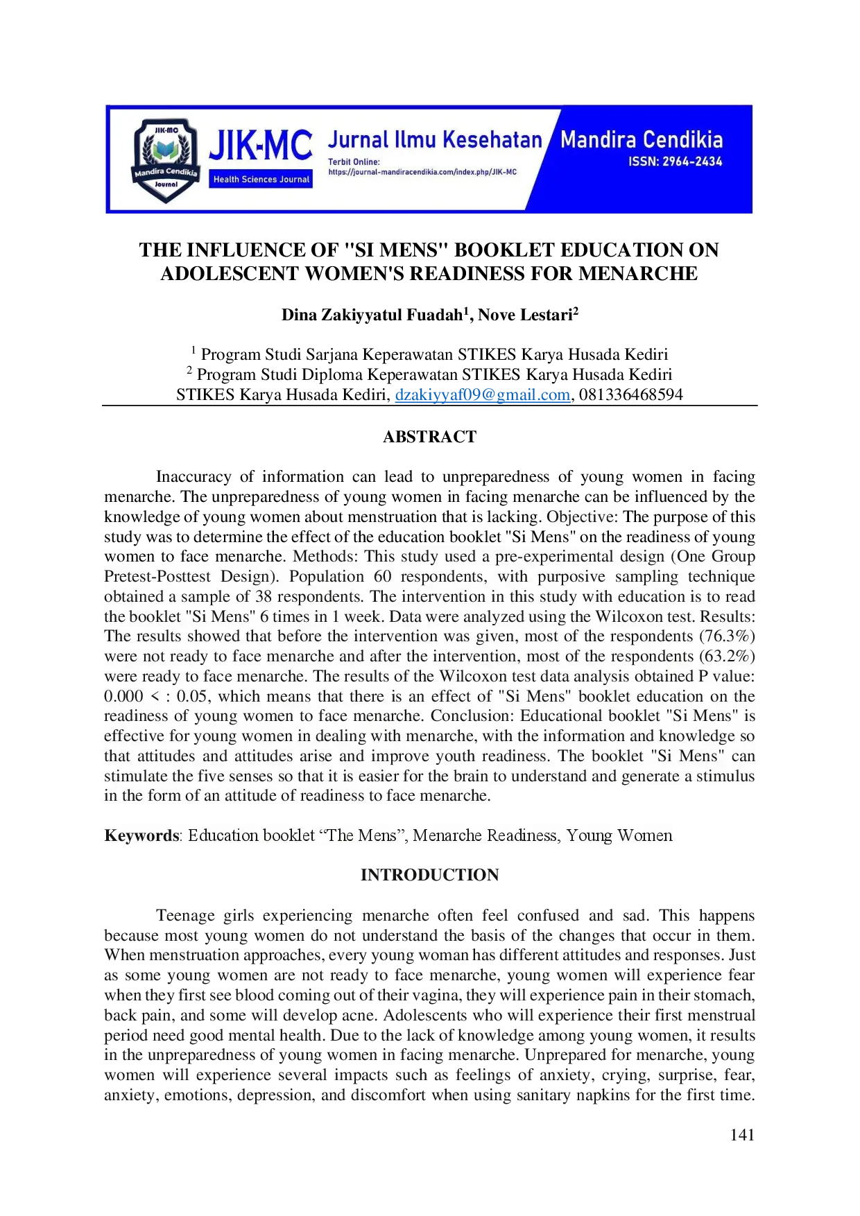 juris The Influence of Si MENS Booklet Education On Adolescent Women s Readiness For Menarche