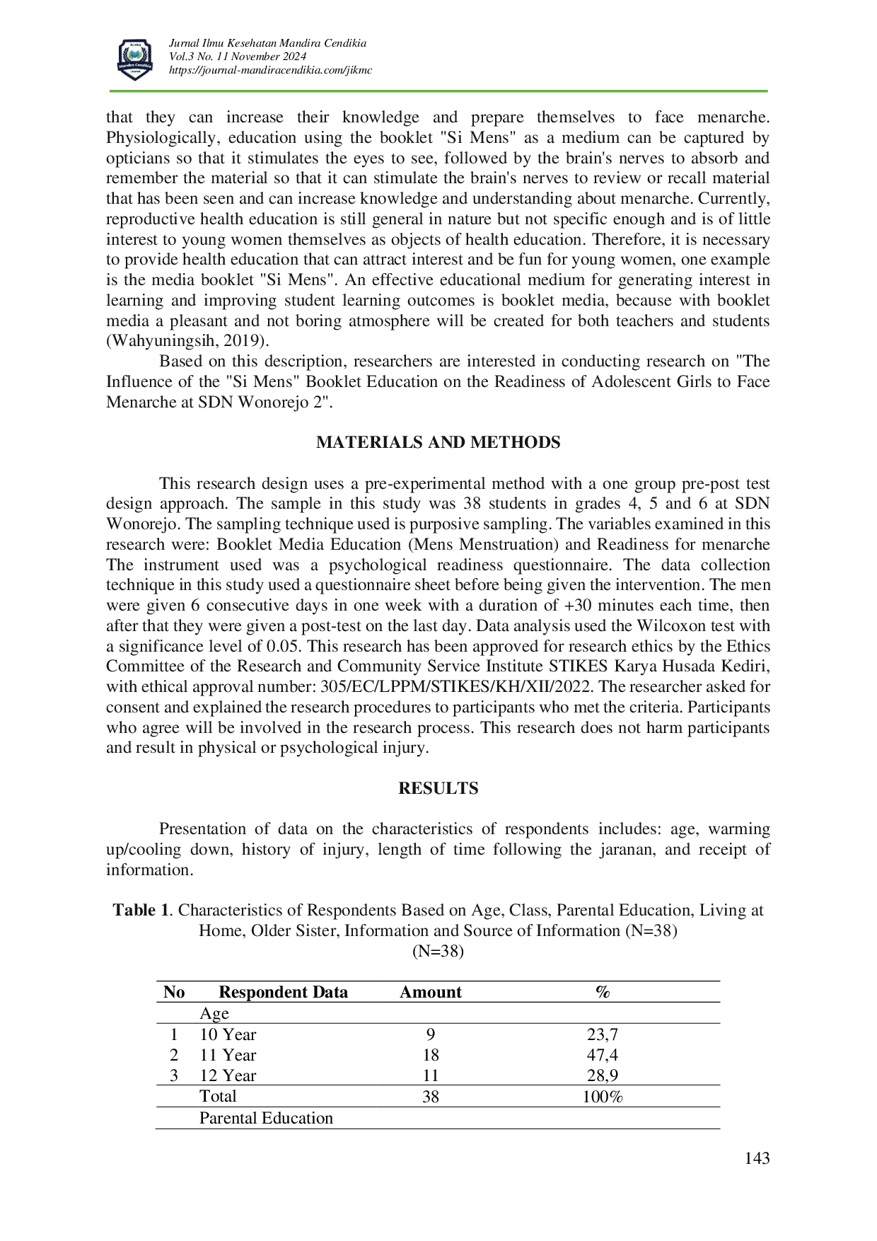 juris The Influence of Si MENS Booklet Education On Adolescent Women s Readiness For Menarche