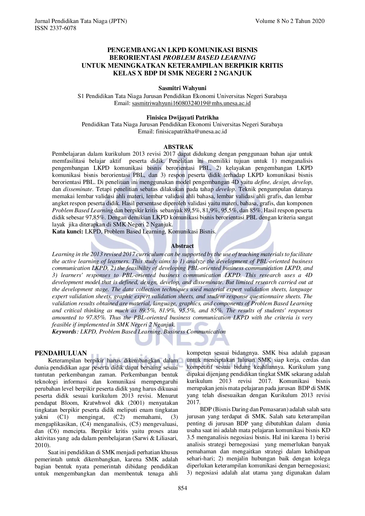 JURIS Development of Business Communication LKPD Oriented to Problem Based Learning to Improve Critical Thinking Skills of X BDP Class at SMK Negeri 2 Nganjuk