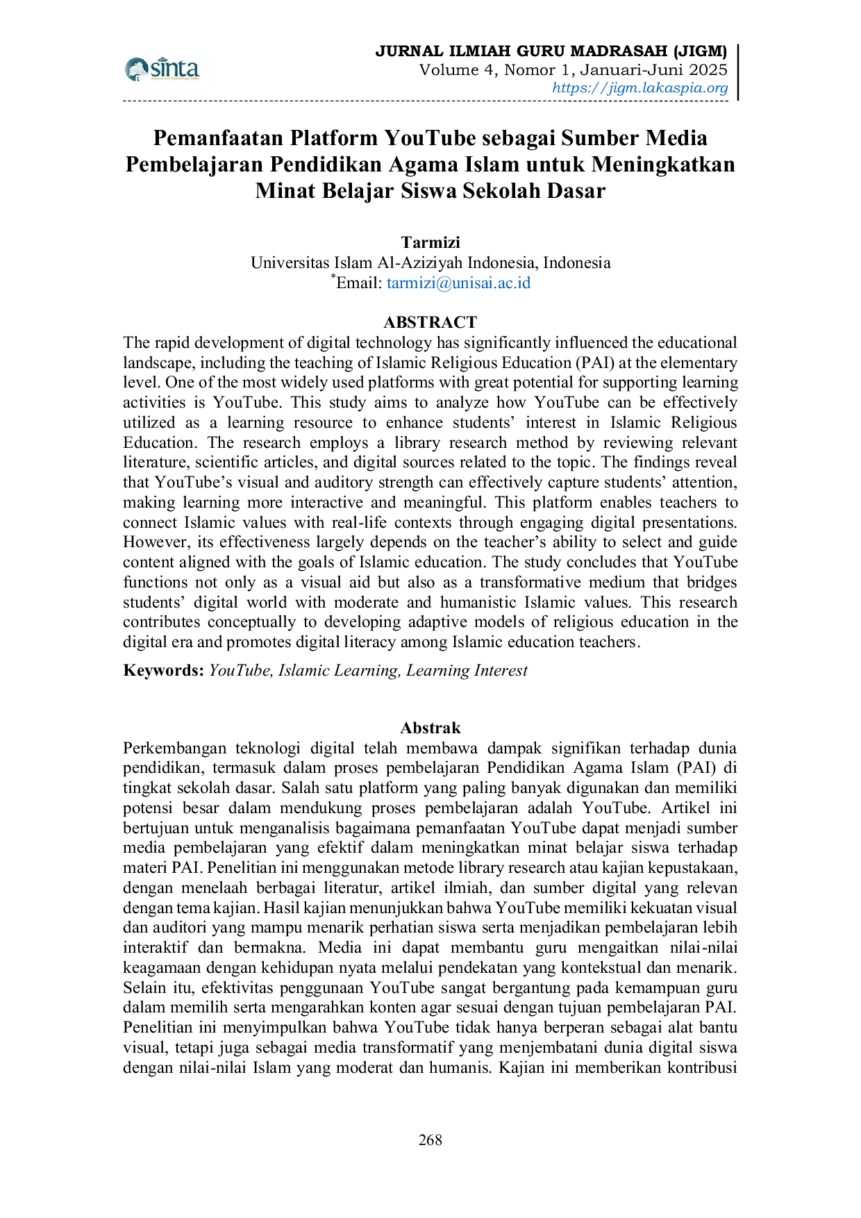 JURIS Pemanfaatan Platform YouTube sebagai Sumber Media Pembelajaran Pendidikan Agama Islam untuk Meningkatkan Minat Belajar Siswa Sekolah Dasar