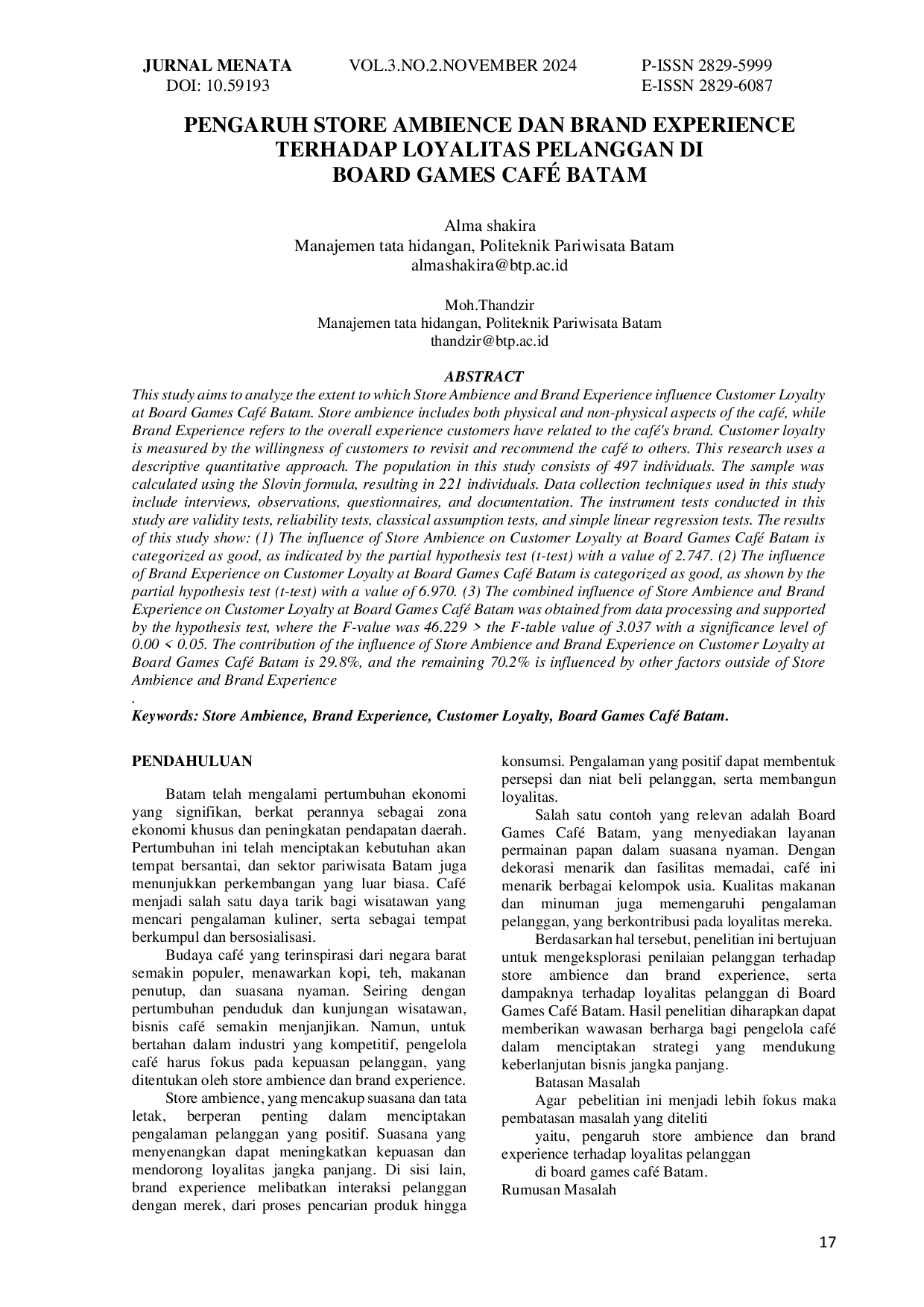 JURIS Pengaruh Store Ambience Dan Brand Experience Terhadap Loyalitas Pelanggan Di Board Games Caf Batam